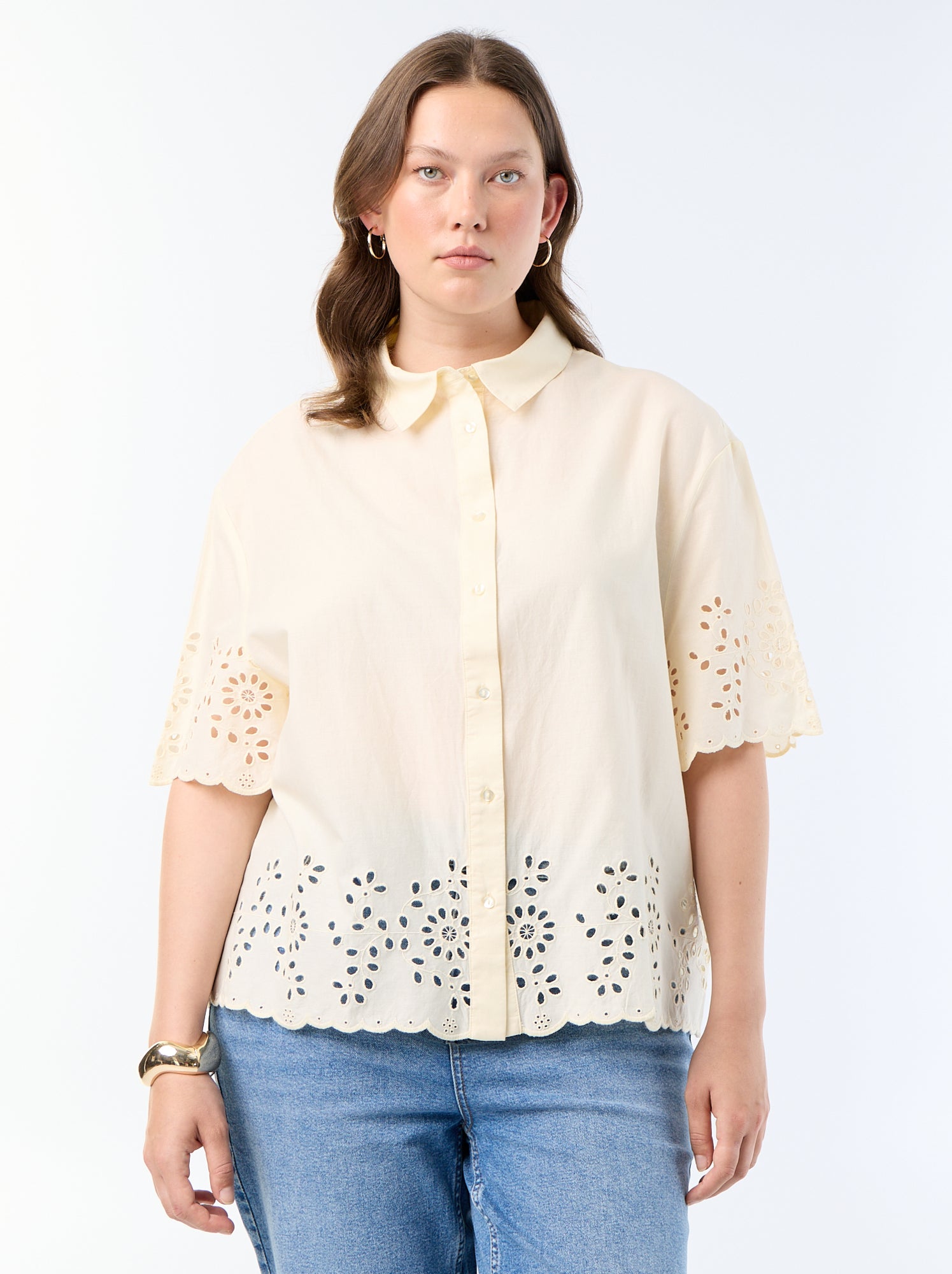 Chemise manches courtes avec broderie ajourée - Jaune