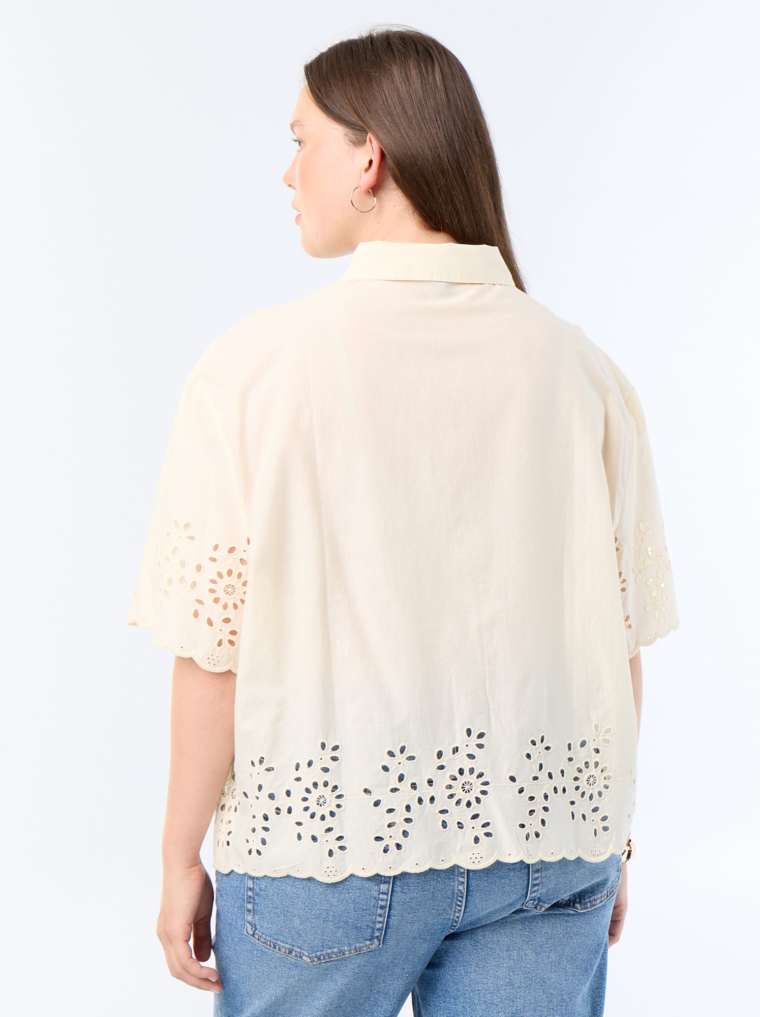 Chemise manches courtes avec broderie ajourée - Jaune