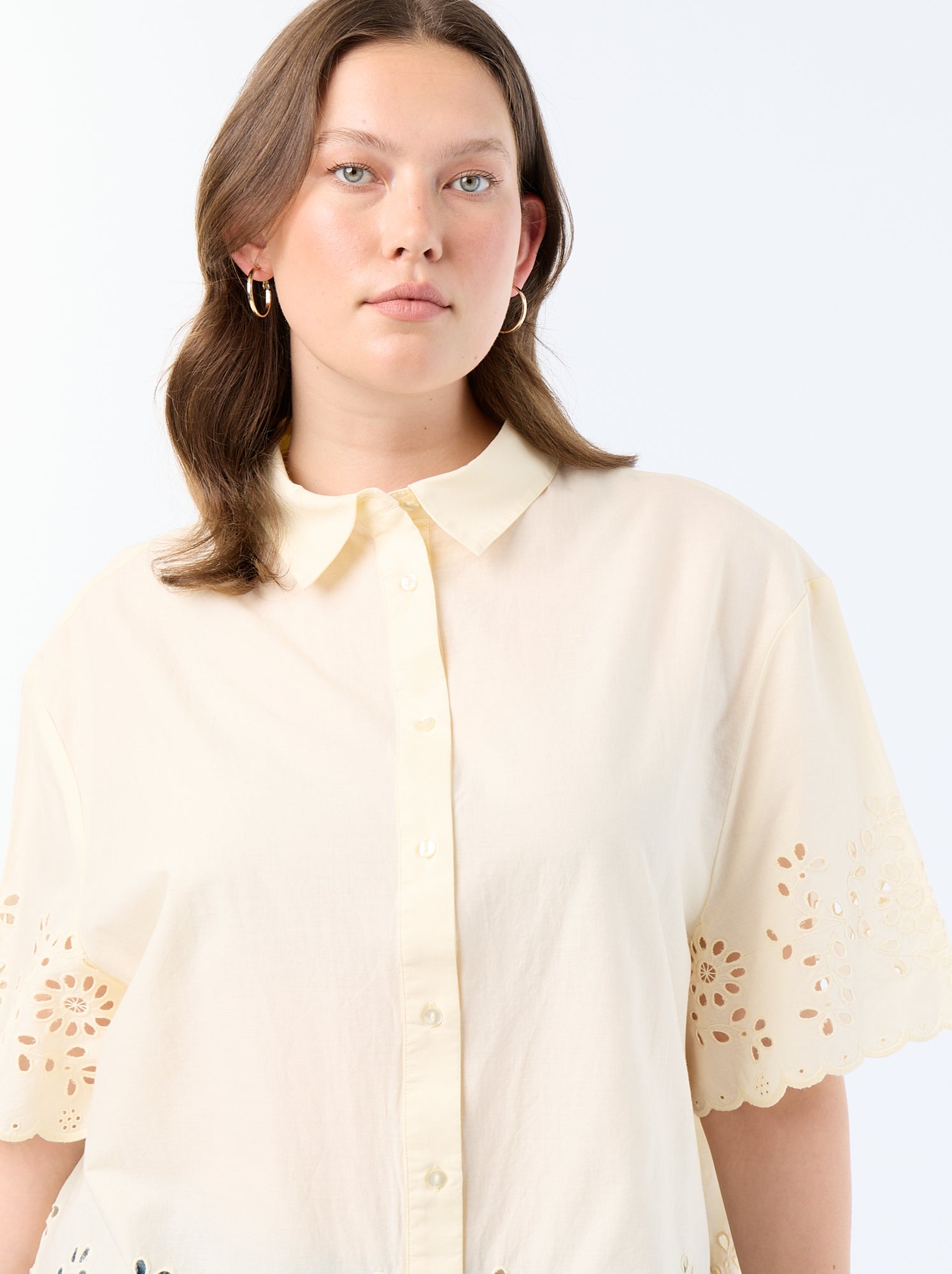 Chemise manches courtes avec broderie ajourée - Jaune