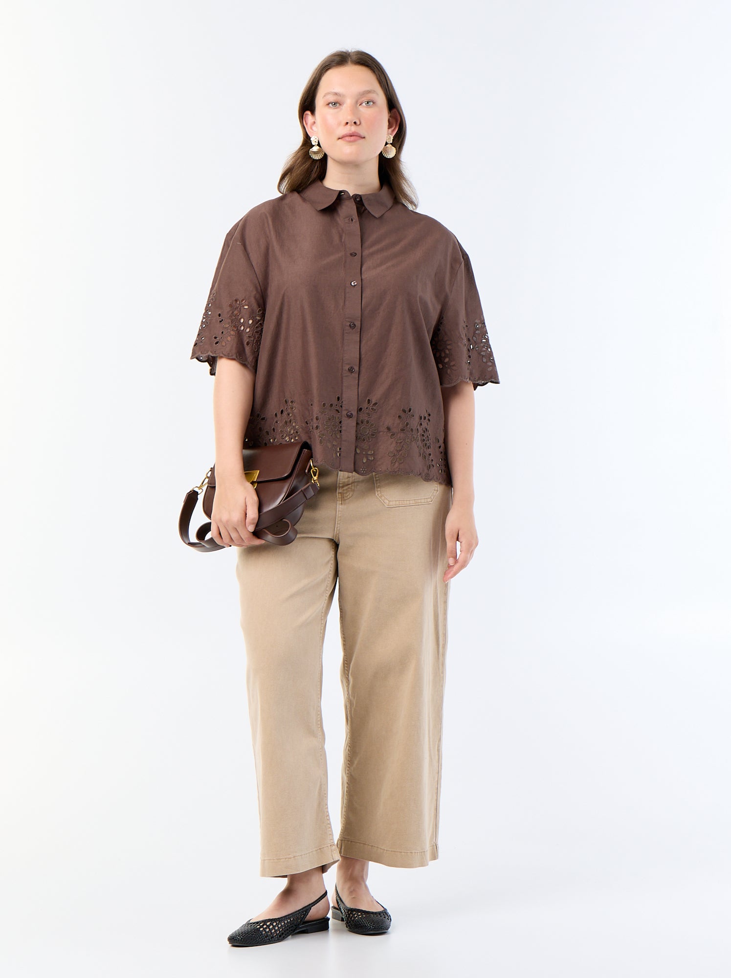 Chemise manches courtes avec broderie ajourée - Marron