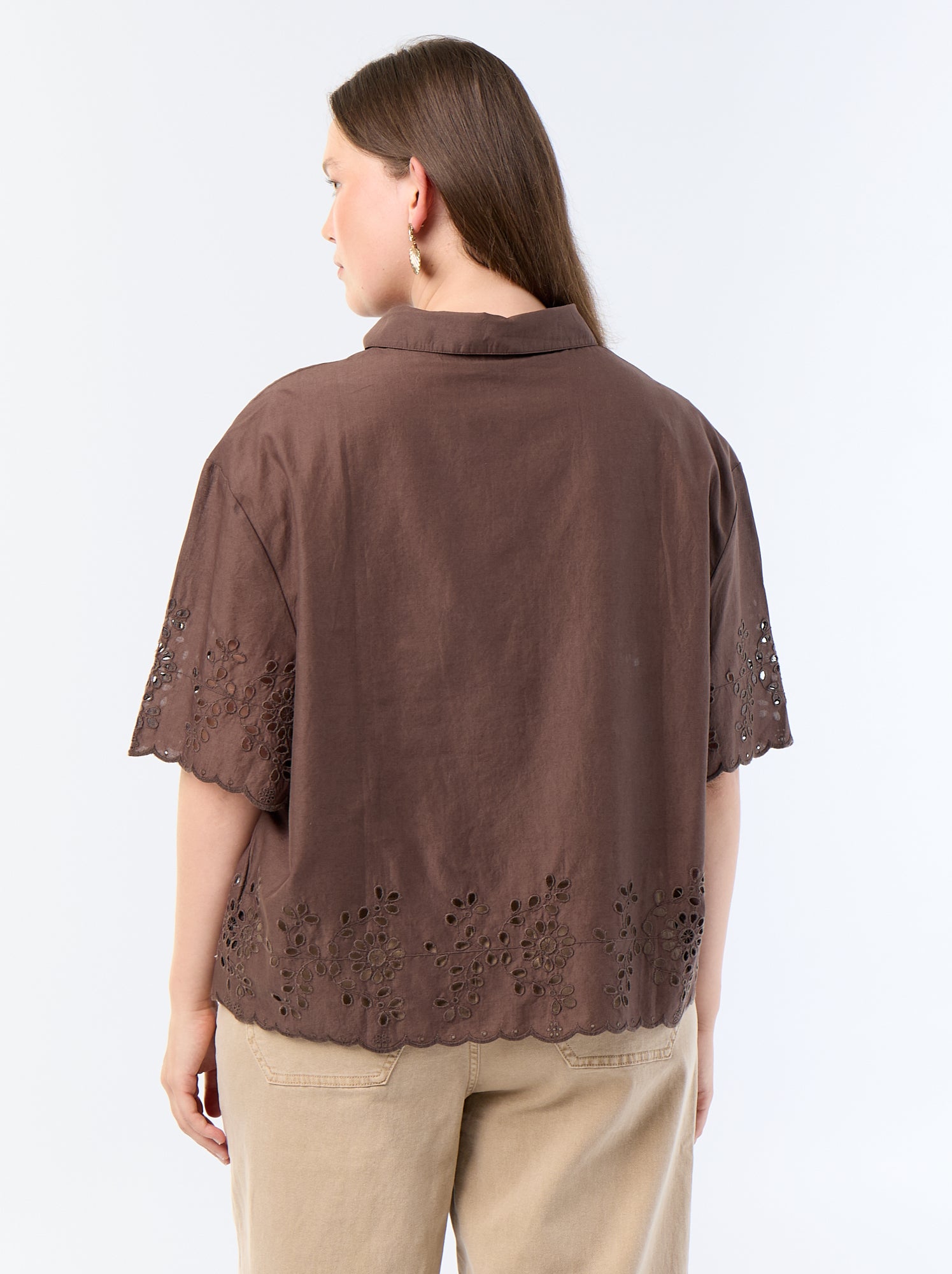 Chemise manches courtes avec broderie ajourée - Marron