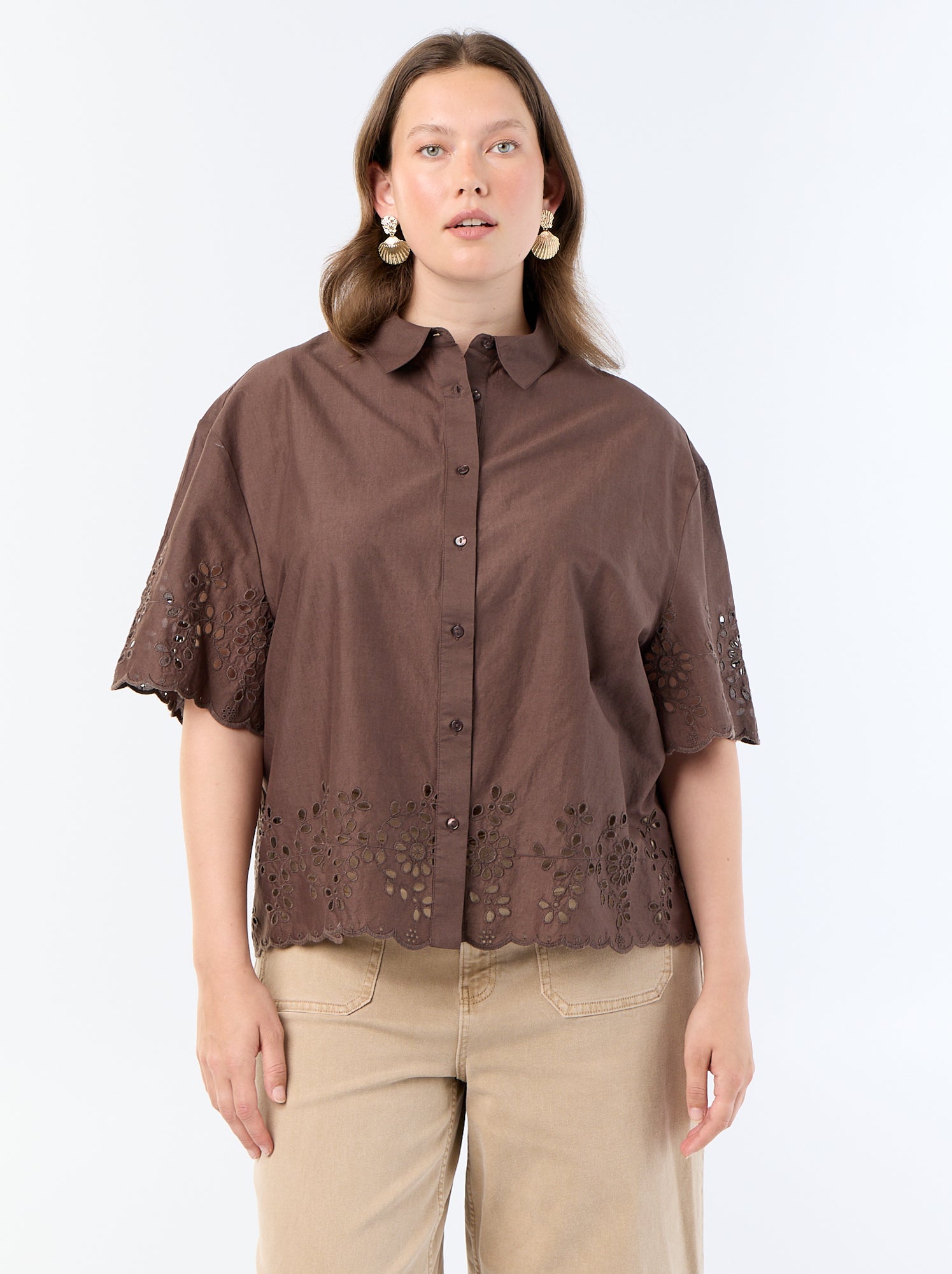 Chemise manches courtes avec broderie ajourée - Marron