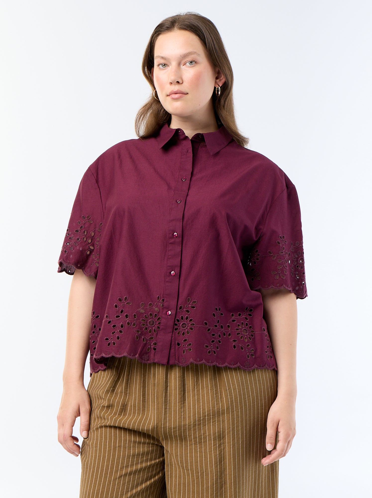 Chemise manches courtes avec broderie ajourée - Violet
