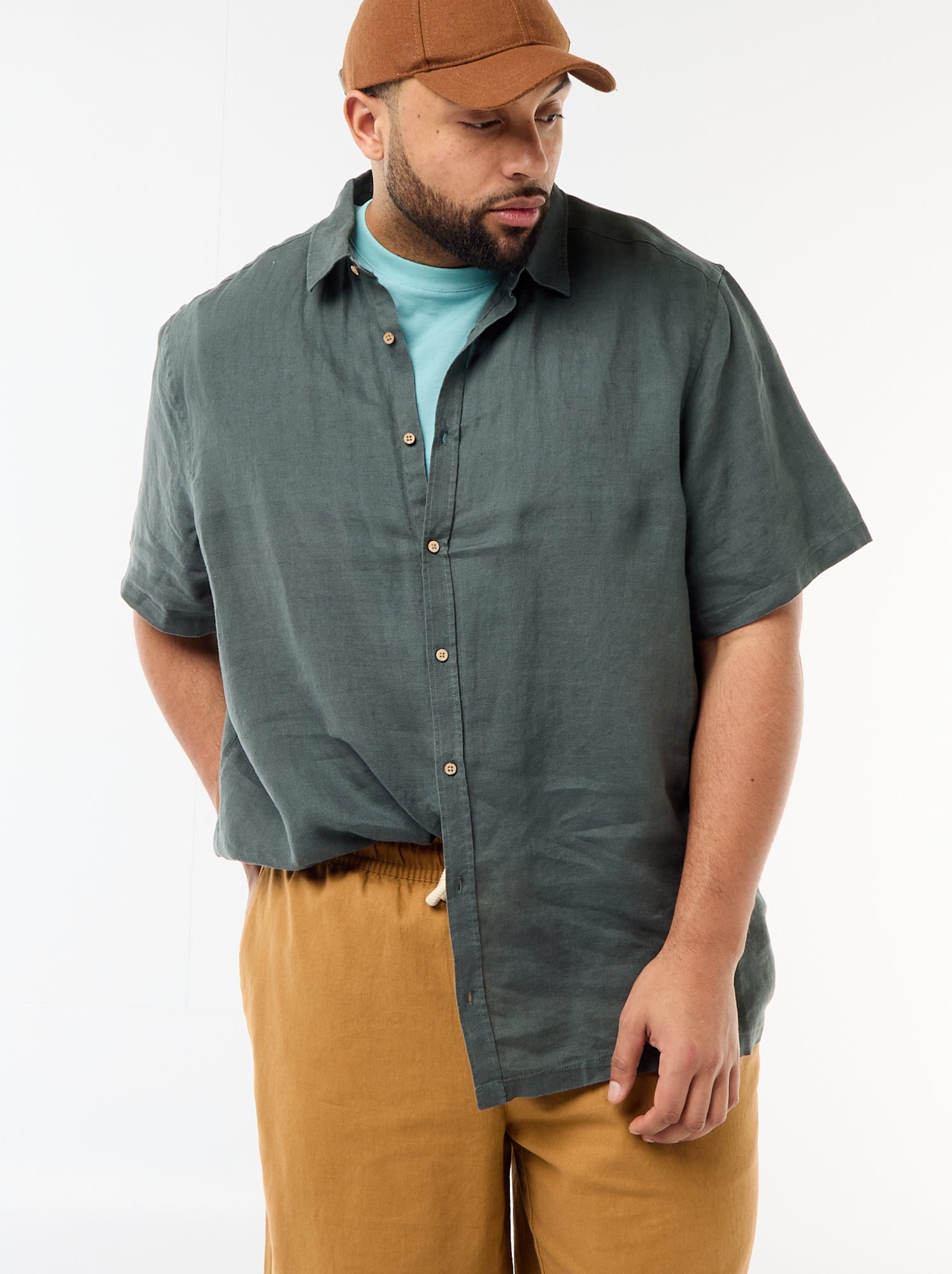 Chemise manches courtes en lin - Kaki