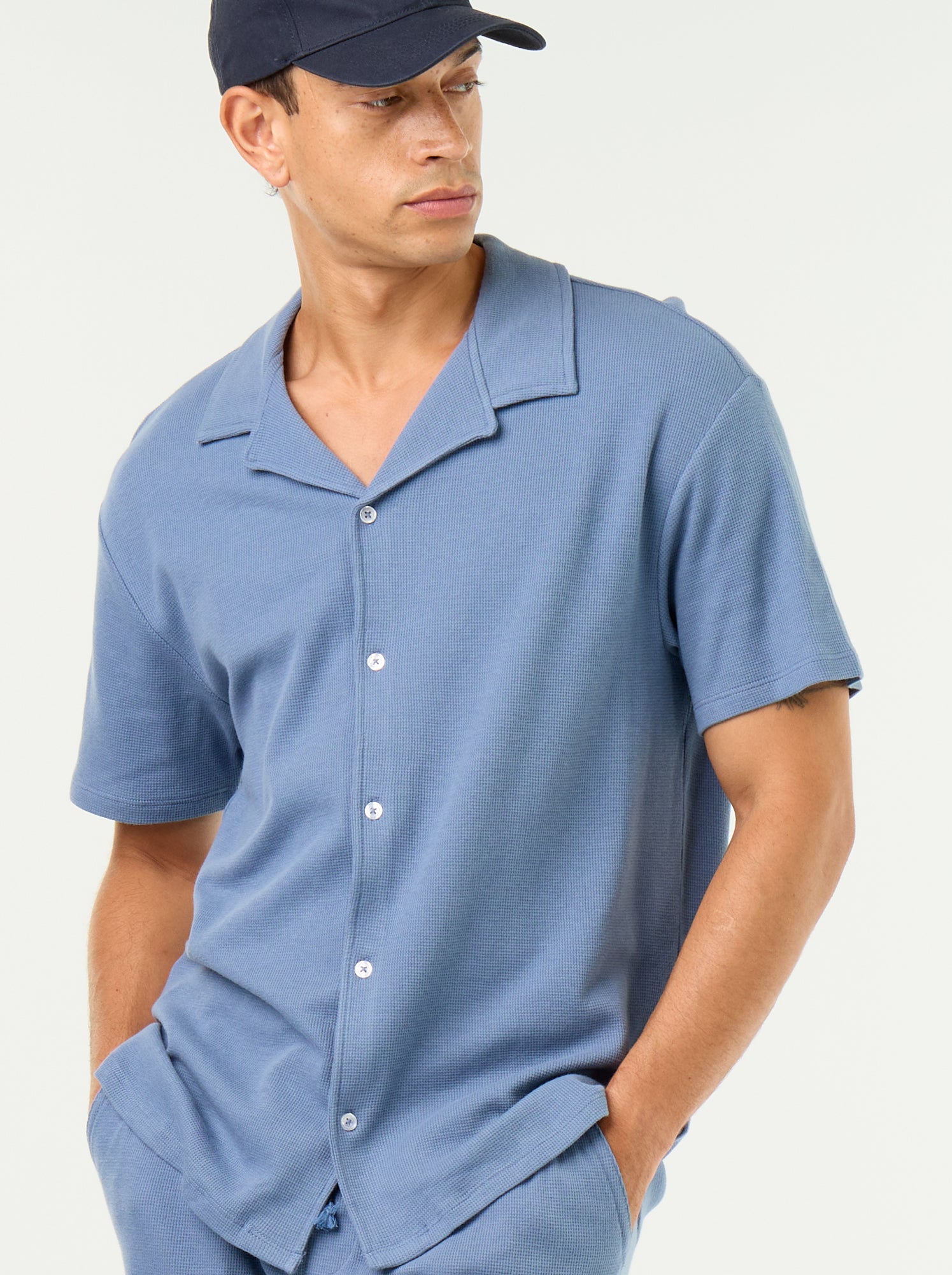 Chemise manches courtes en matière gaufrée - Bleu