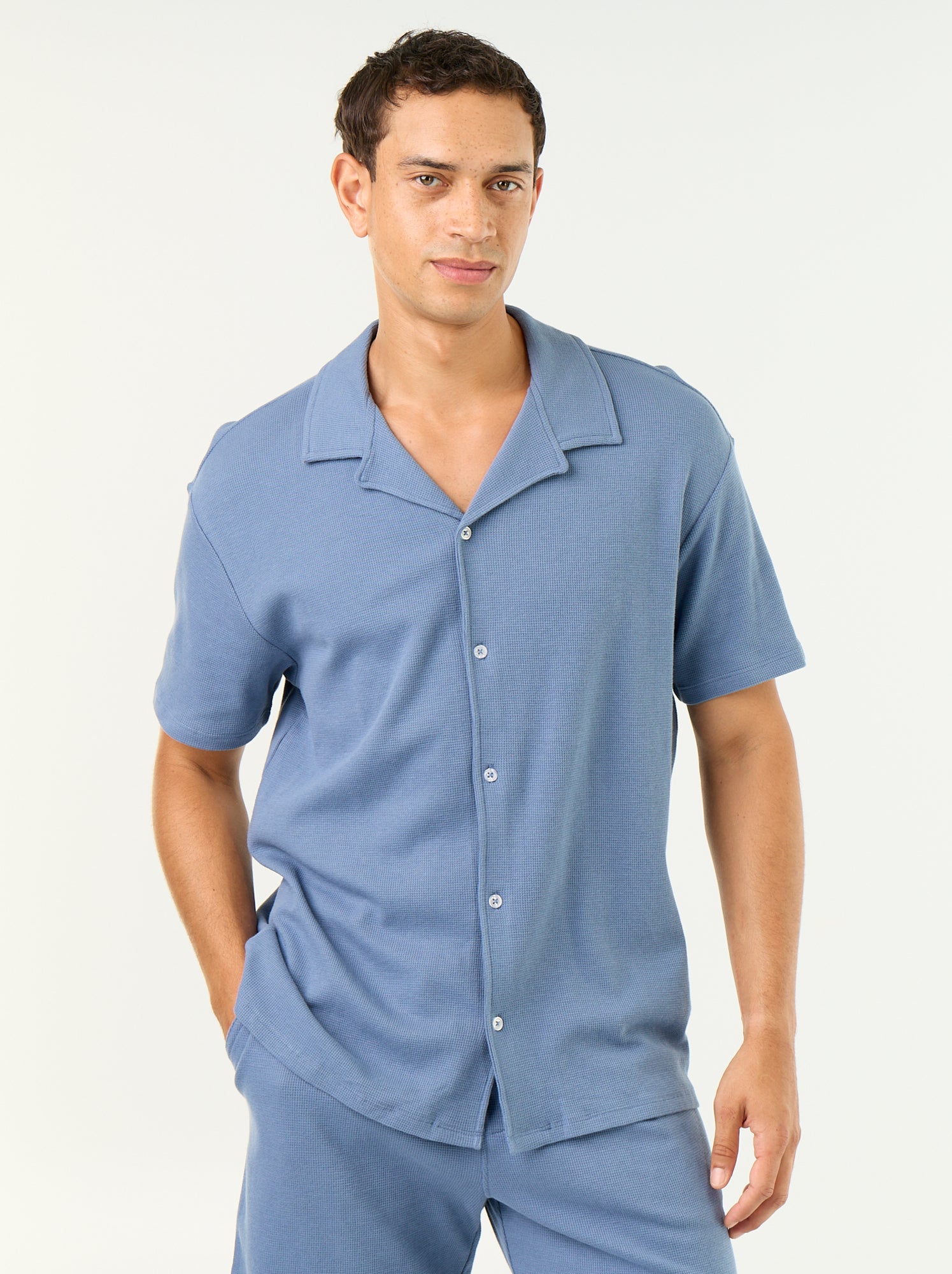 Chemise manches courtes en matière gaufrée - Bleu