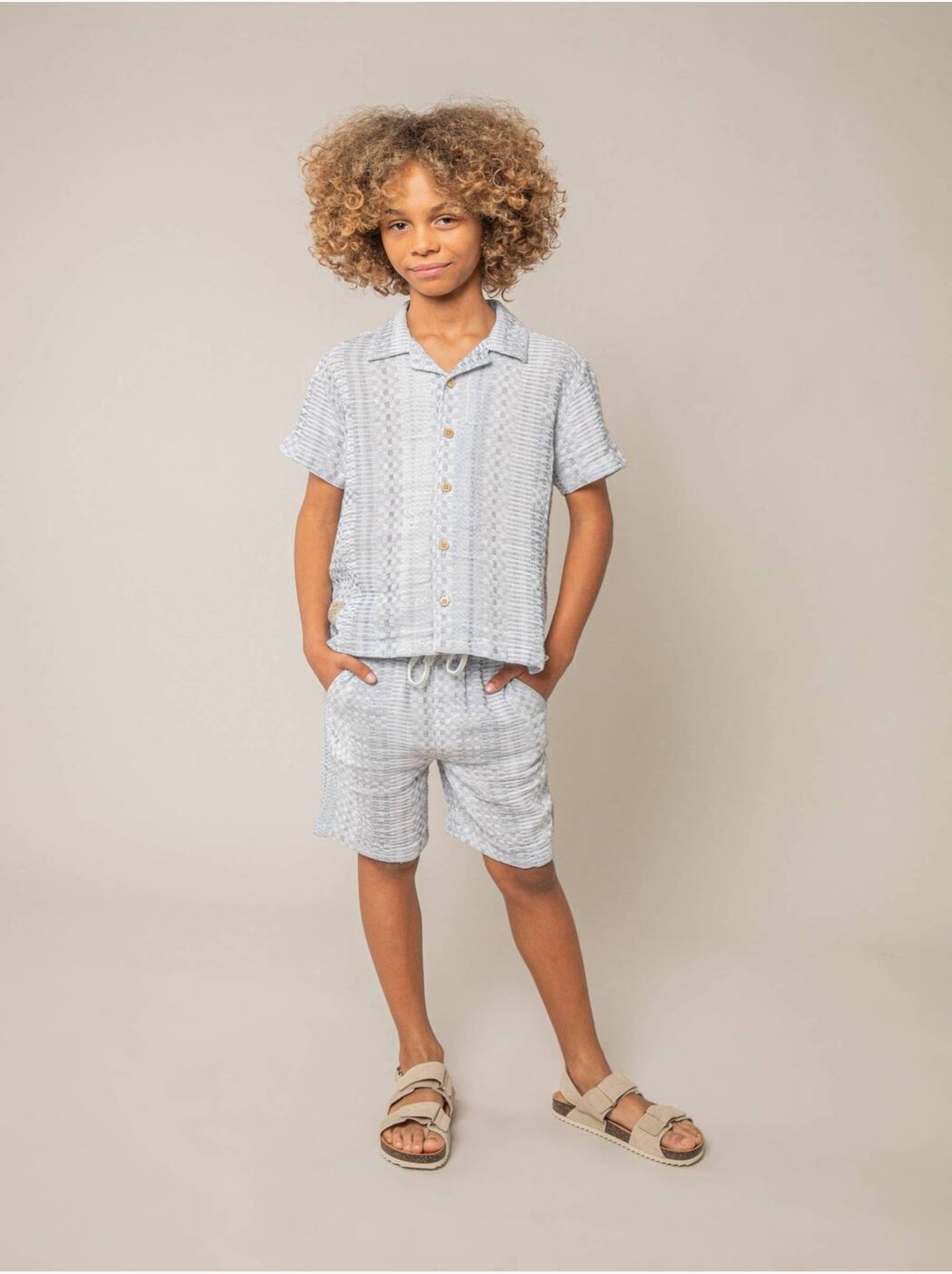 Chemise manches courtes garçon en coton jacquard 'deeluxe' - Bleu