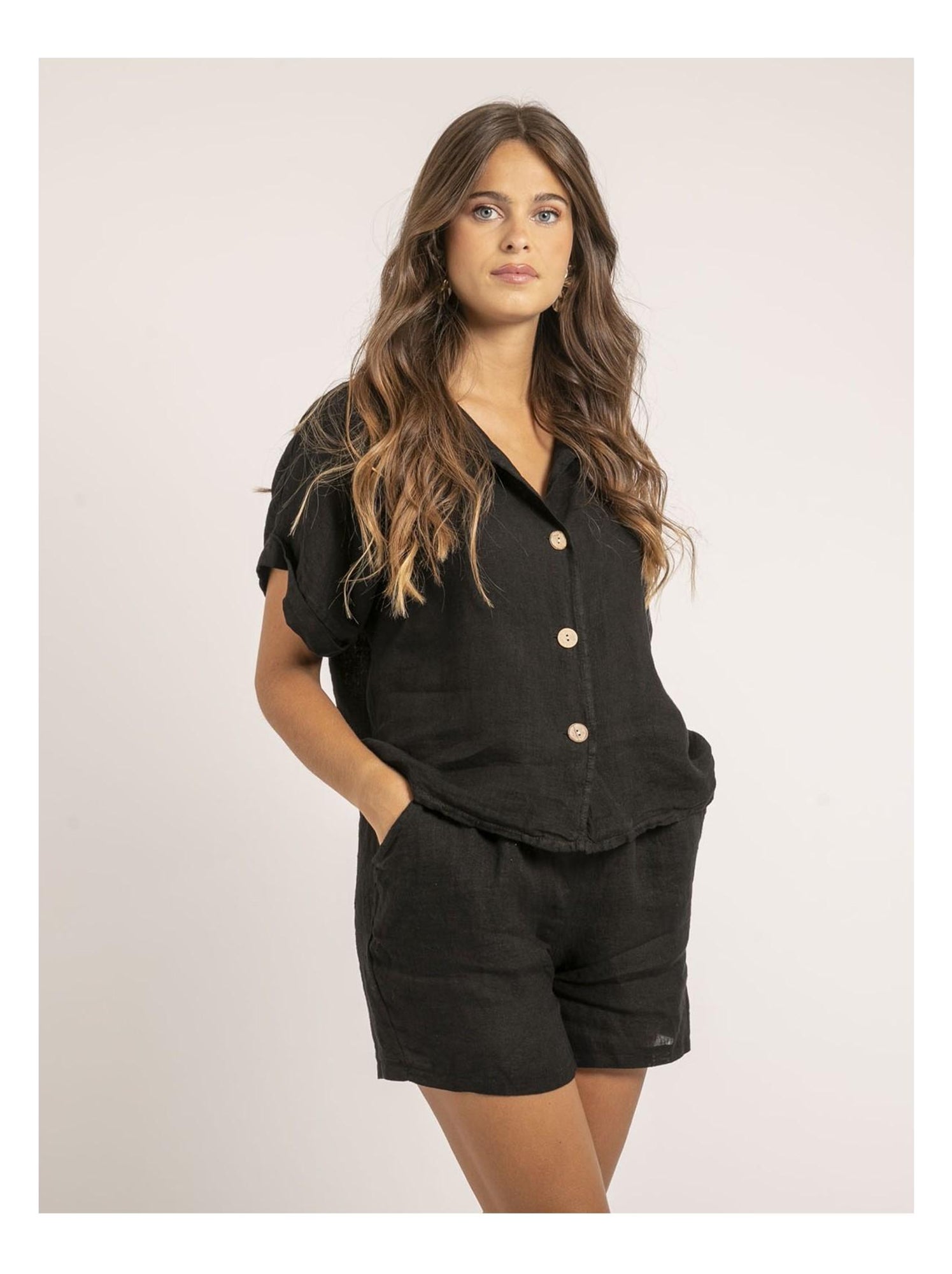 Chemise manches courtes lin OTTILIA - Noir