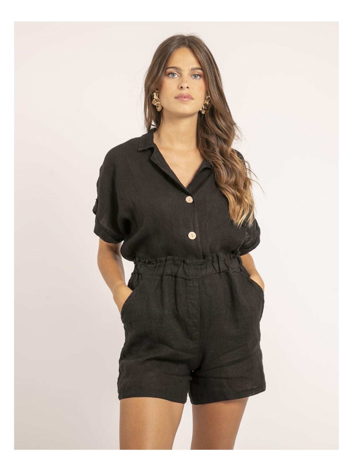 Chemise manches courtes lin OTTILIA - Noir