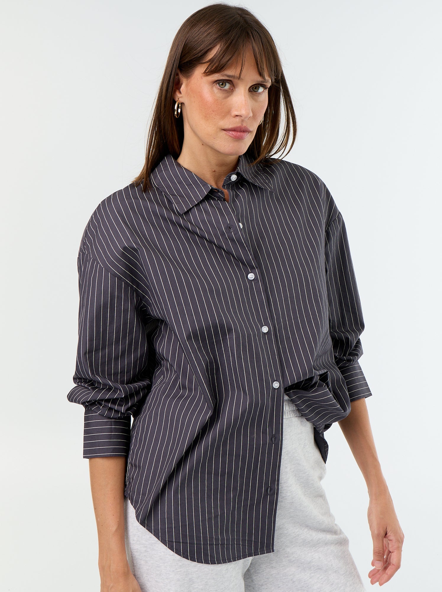 Chemise manches longues rayée - Gris