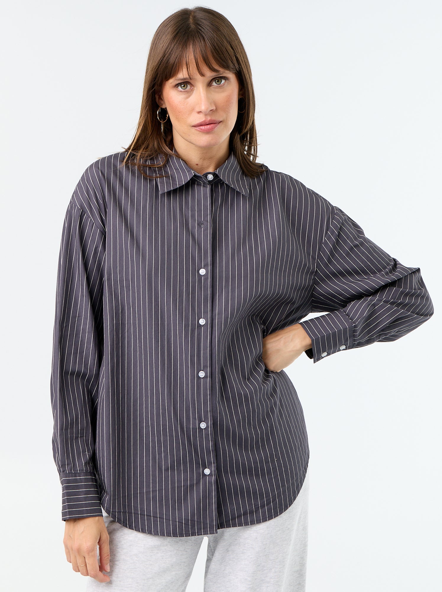 Chemise manches longues rayée - Gris