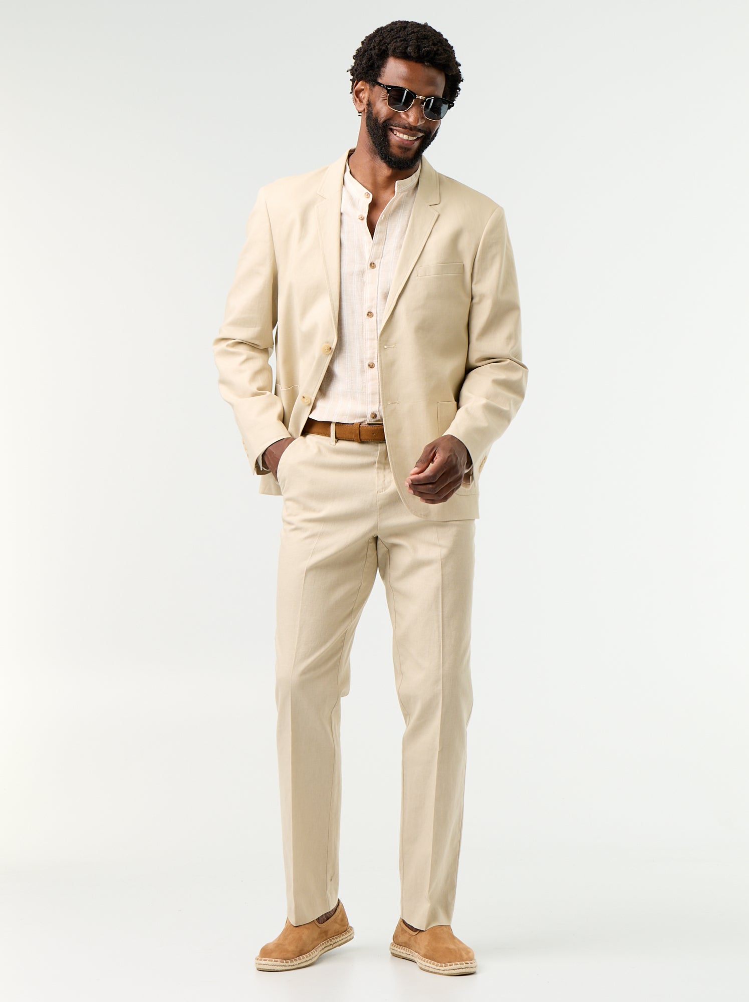 Chemise rayée à manches longues retroussables - Beige