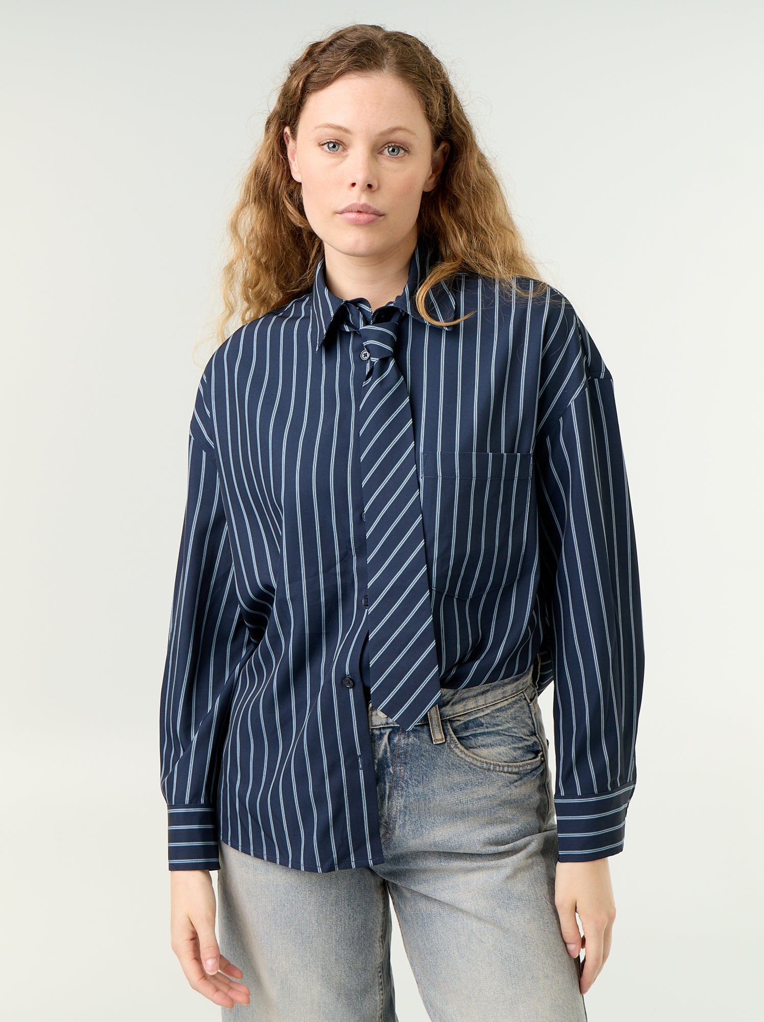 Chemise rayée avec poche poitrine + cravate assortie - 2 pièces - Bleu