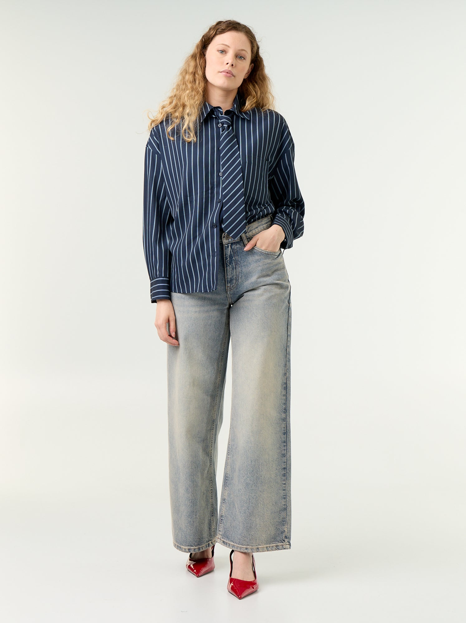 Chemise rayée avec poche poitrine + cravate assortie - 2 pièces - Bleu