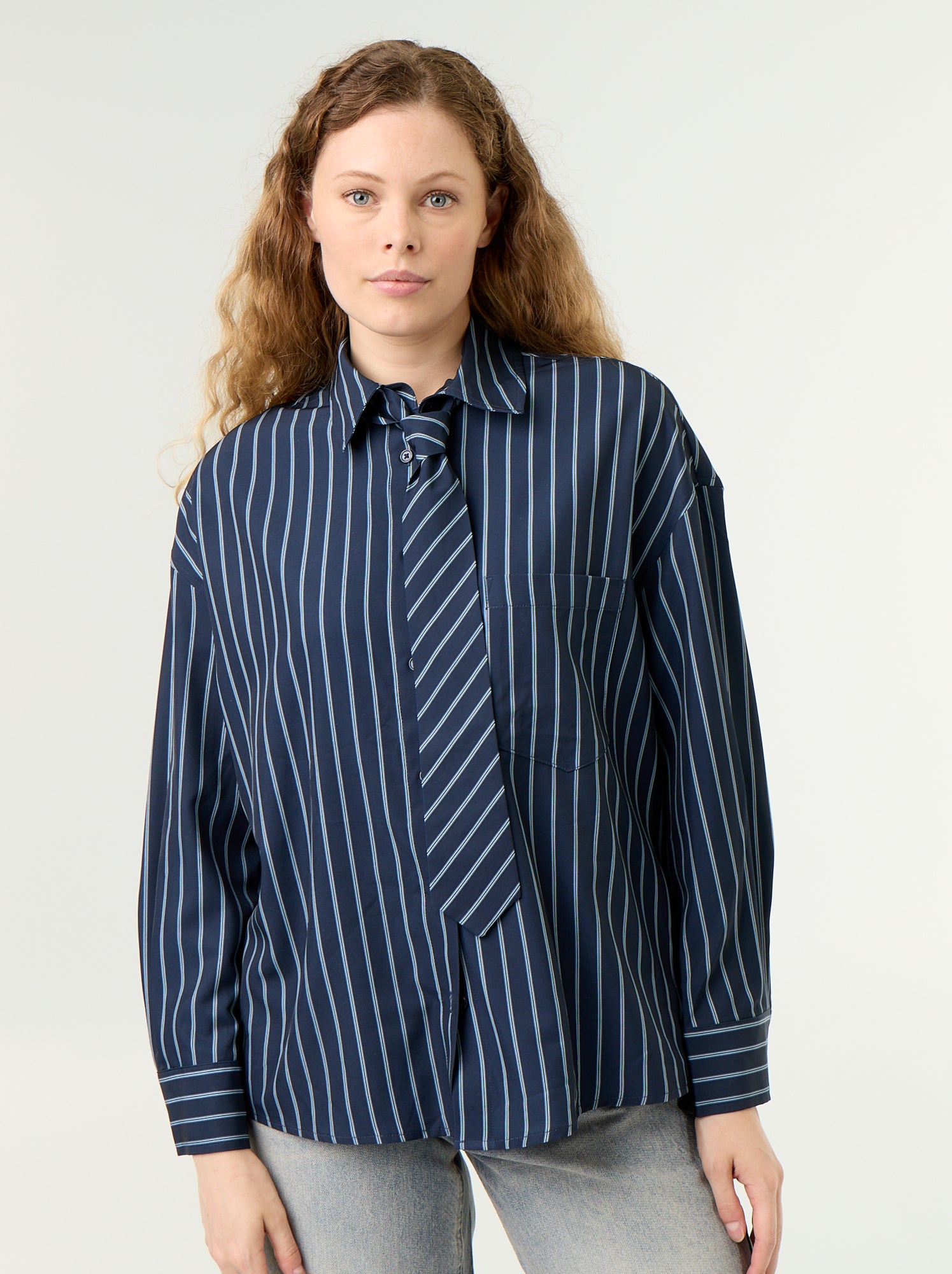 Chemise rayée avec poche poitrine + cravate assortie - 2 pièces - Bleu