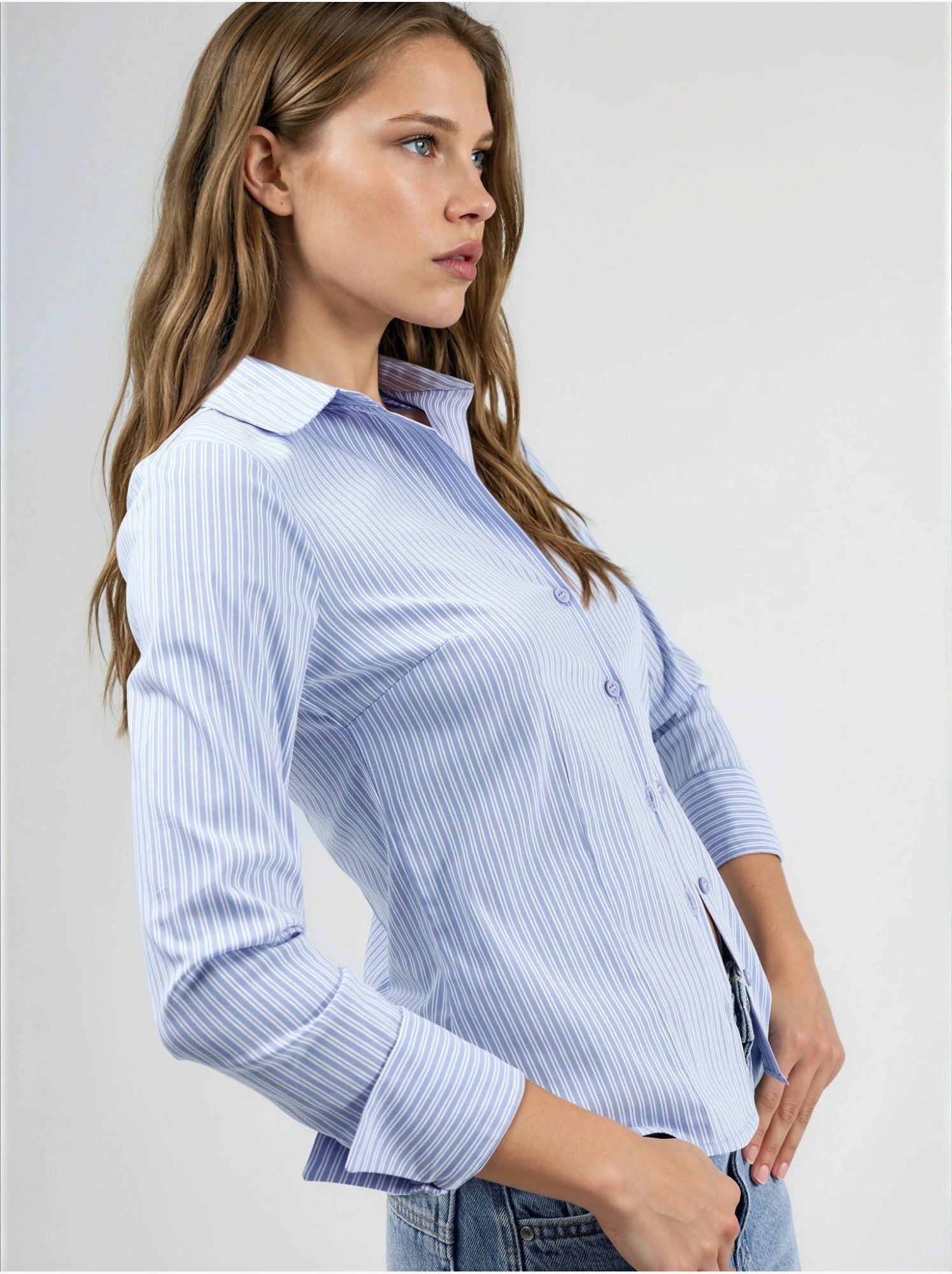 Chemise rayée cintrée à fermeture boutonnée - Bleu ciel