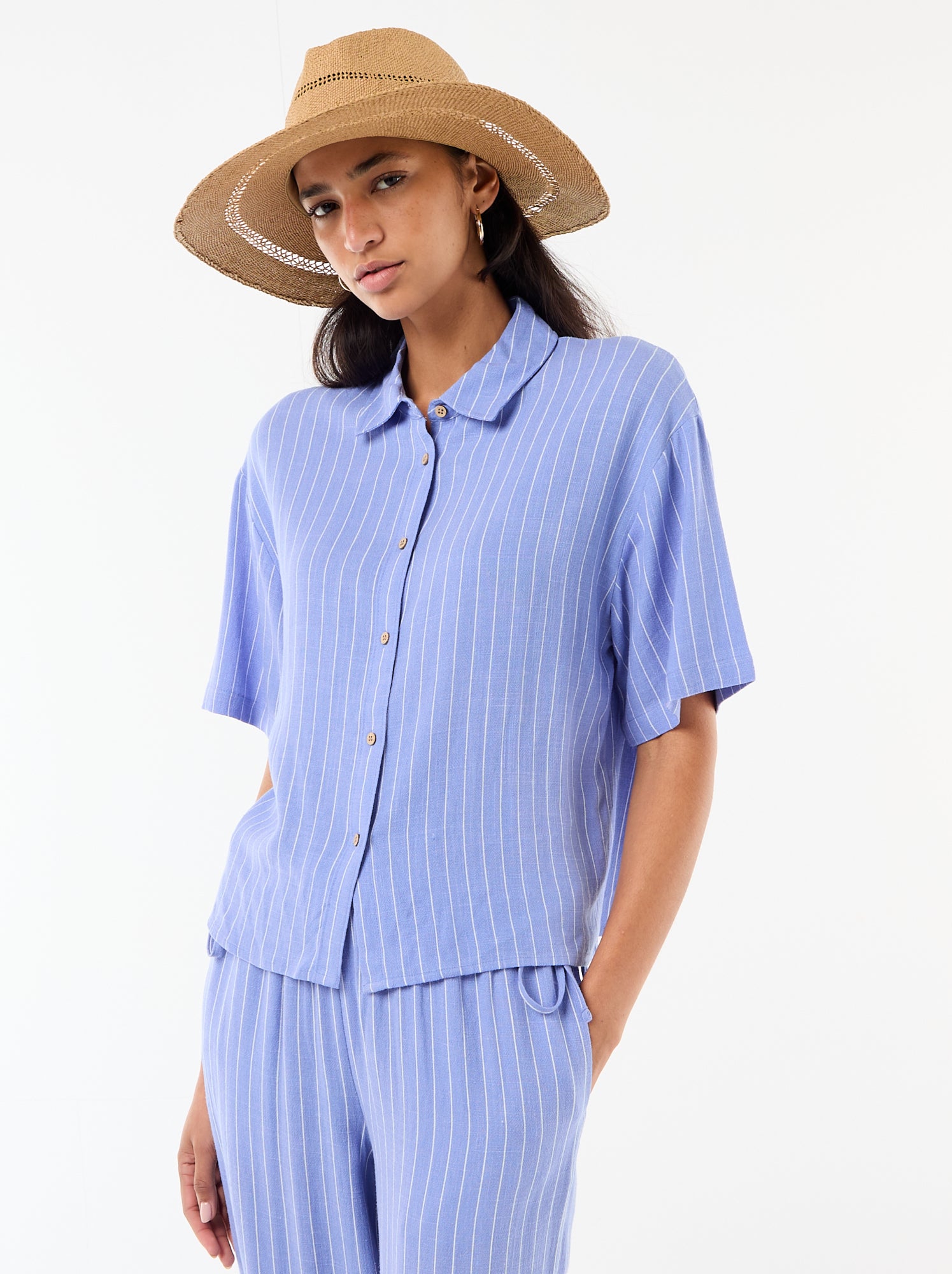 Chemise unie à manches courtes - Bleu