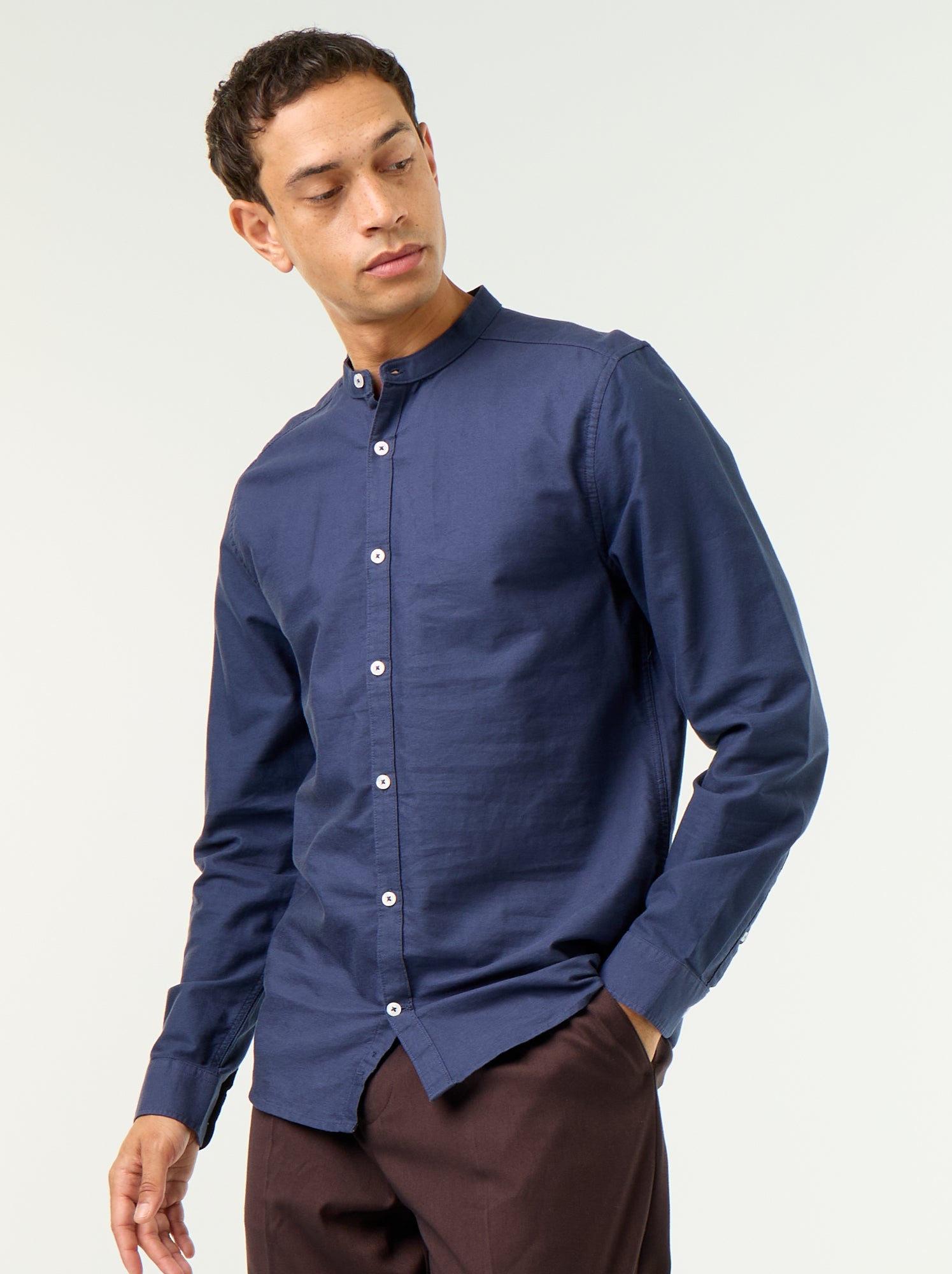 Chemise unie col mao - Bleu