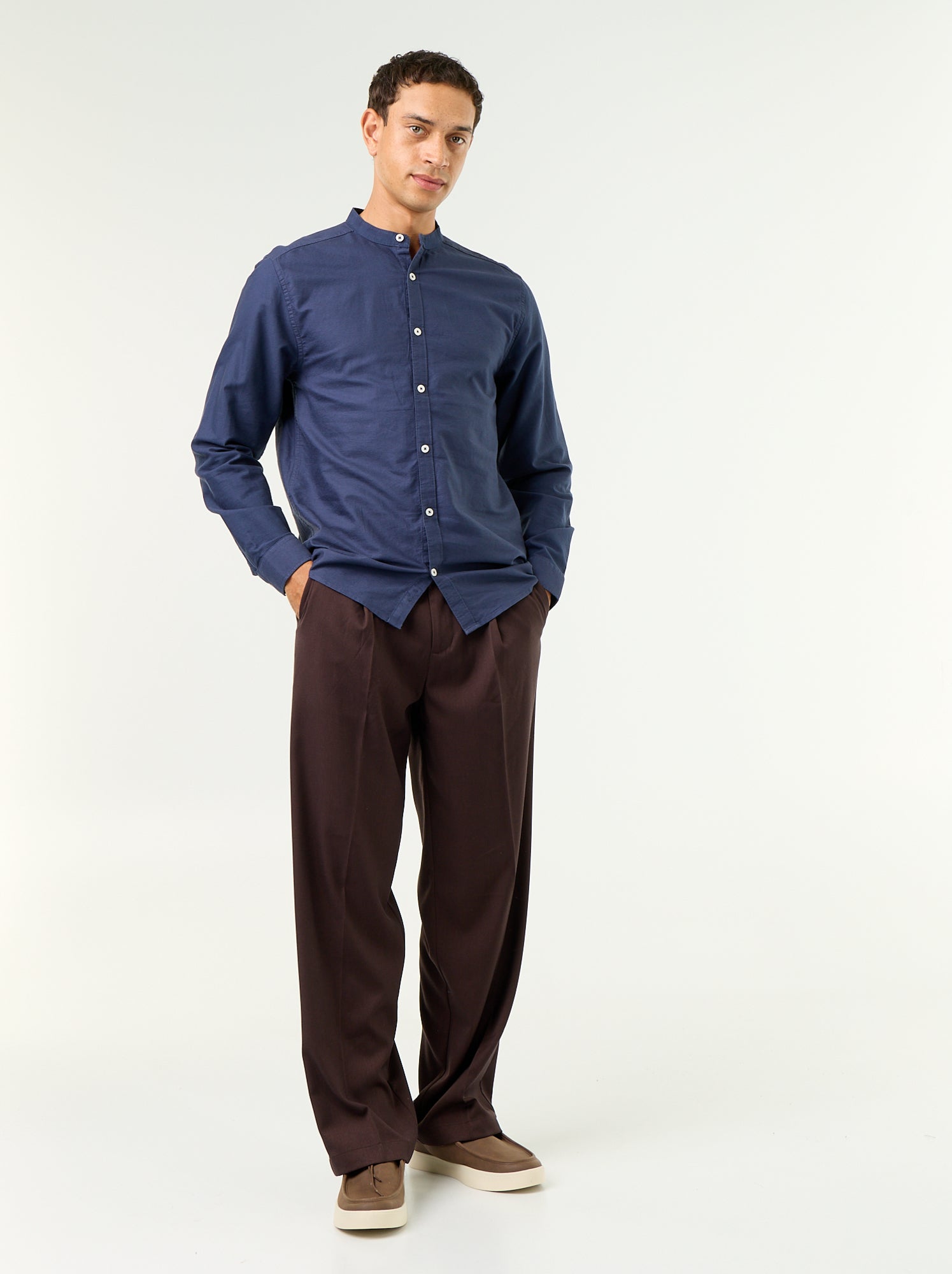 Chemise unie col mao - Bleu