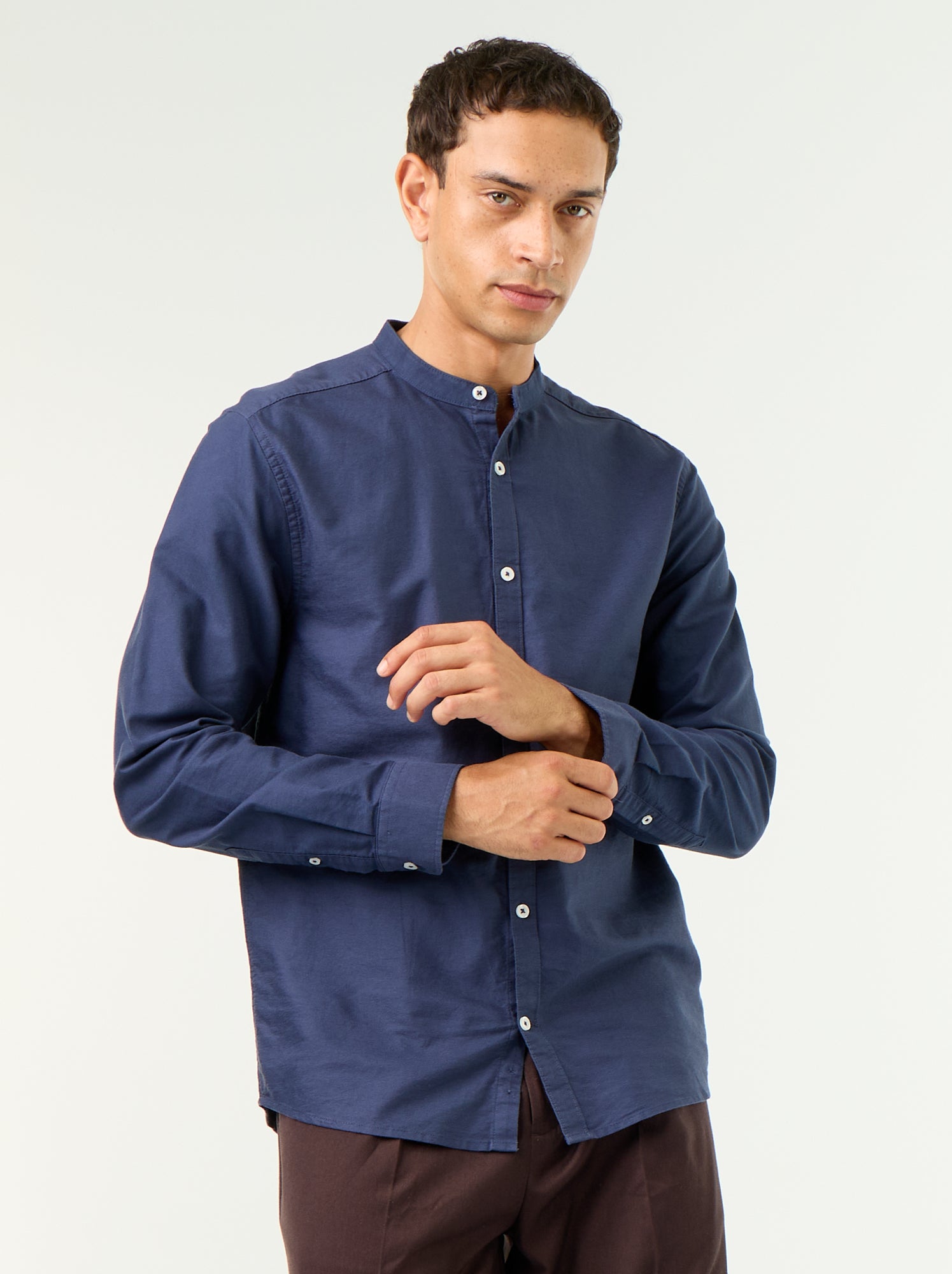 Chemise unie col mao - Bleu