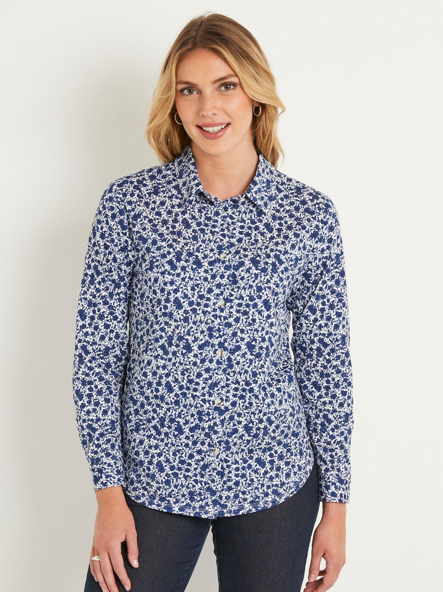 Chemisier droit coton fleuri boutonné - afibel - Bleu
