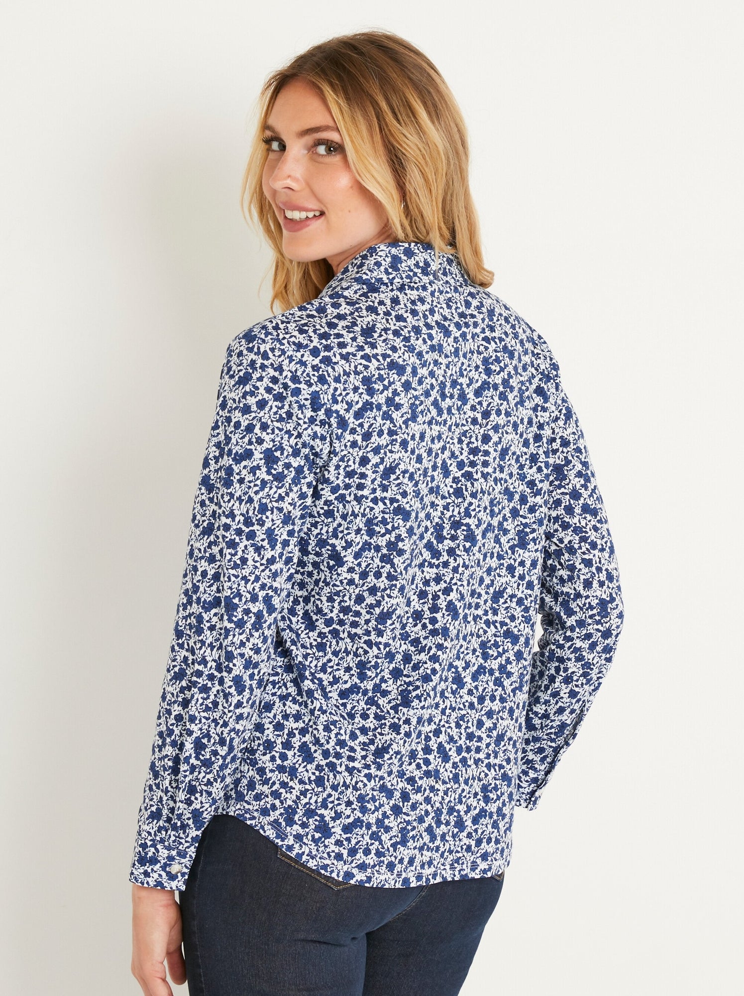 Chemisier droit coton fleuri boutonné - afibel - Bleu