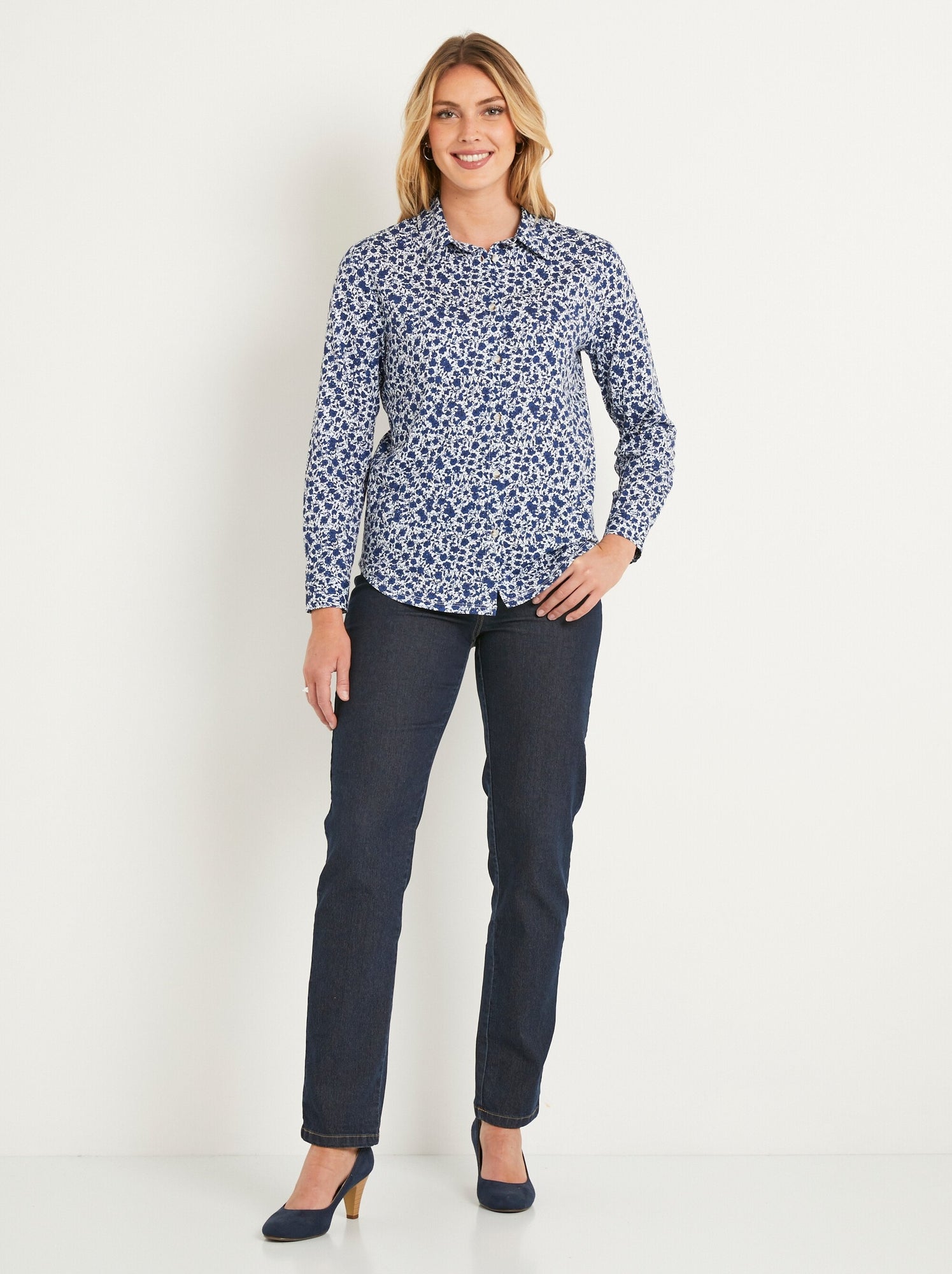 Chemisier droit coton fleuri boutonné - afibel - Bleu