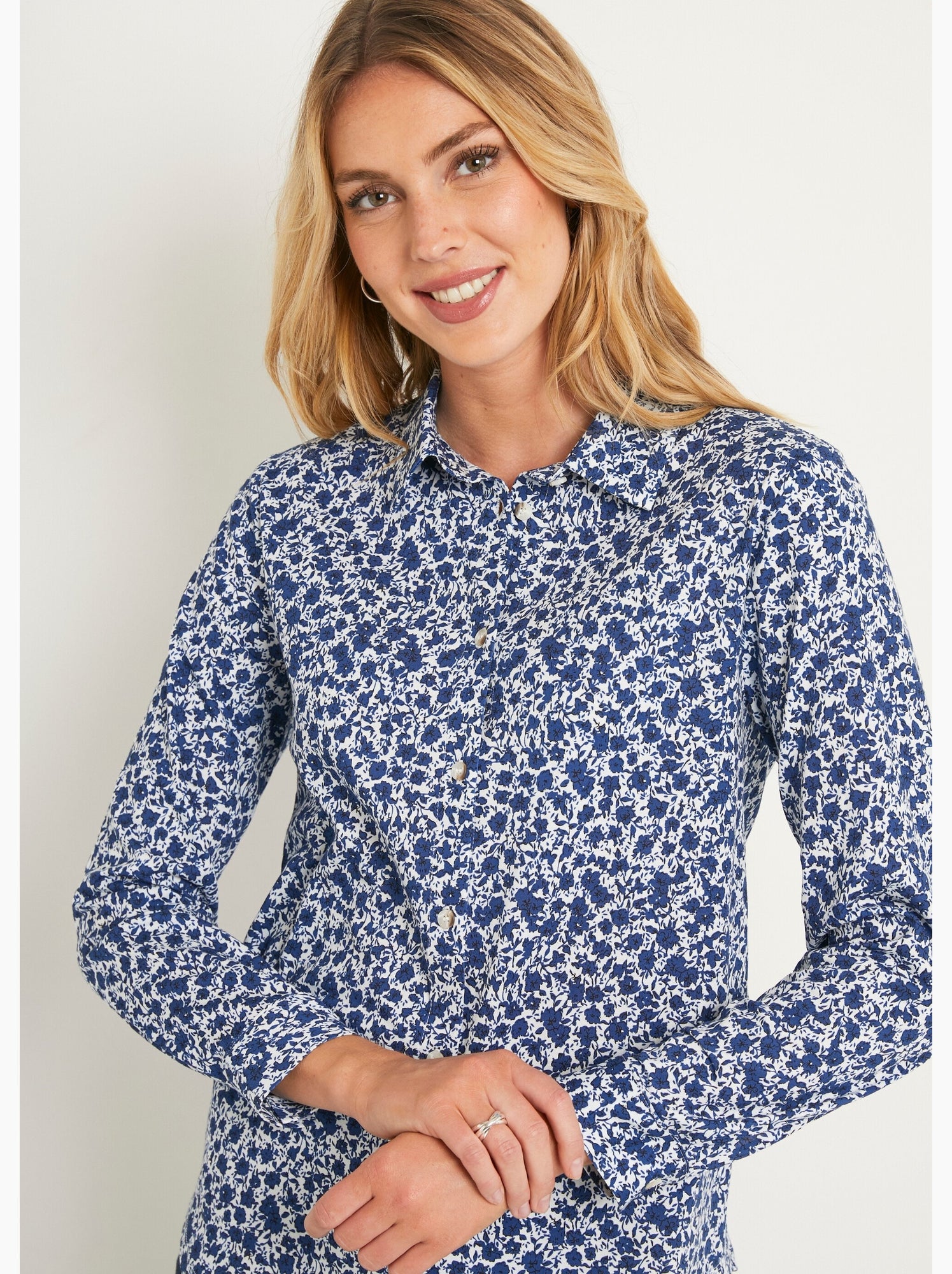 Chemisier droit coton fleuri boutonné - afibel - Bleu