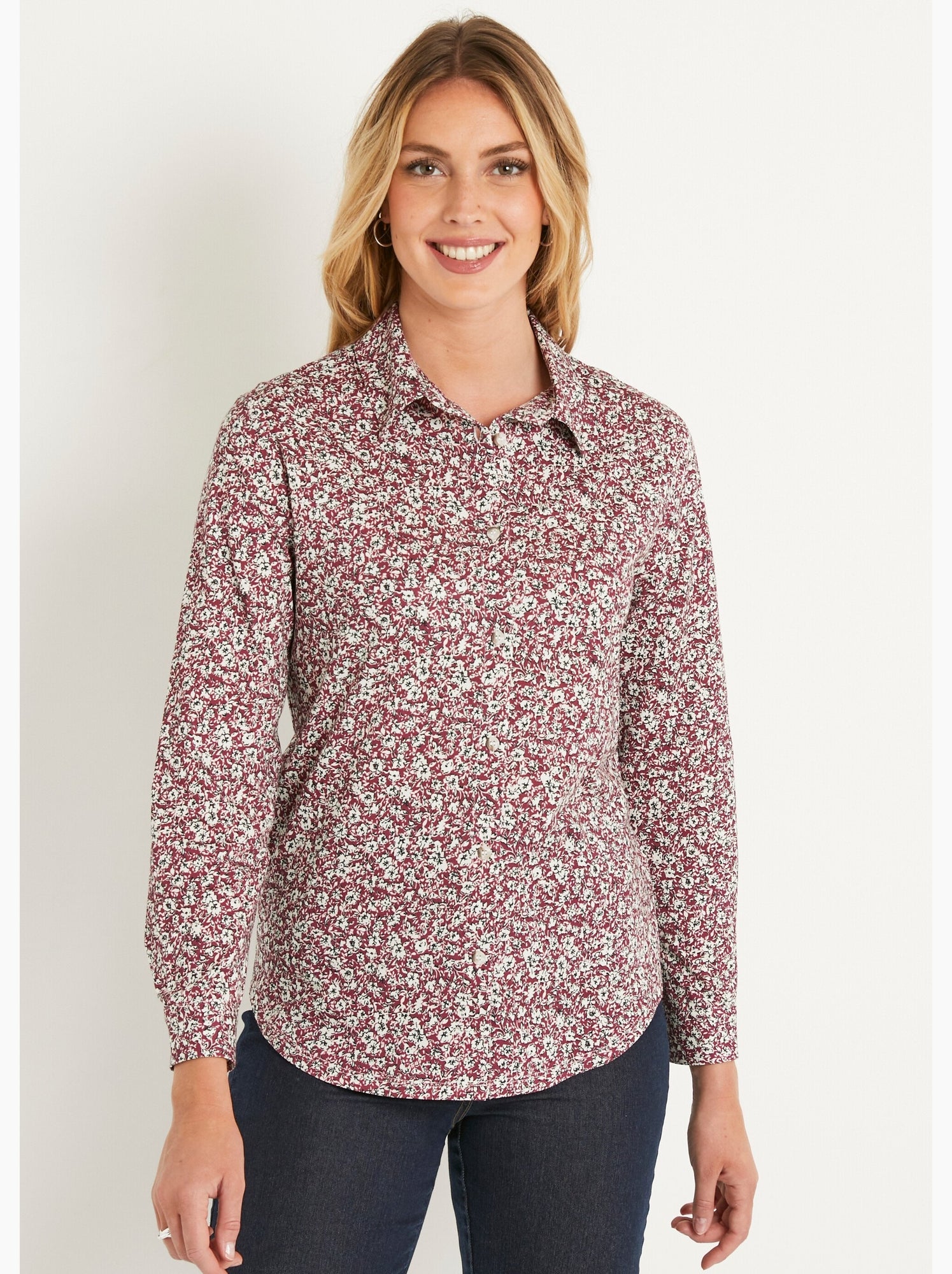 Chemisier droit coton fleuri boutonné - afibel - Bordeaux