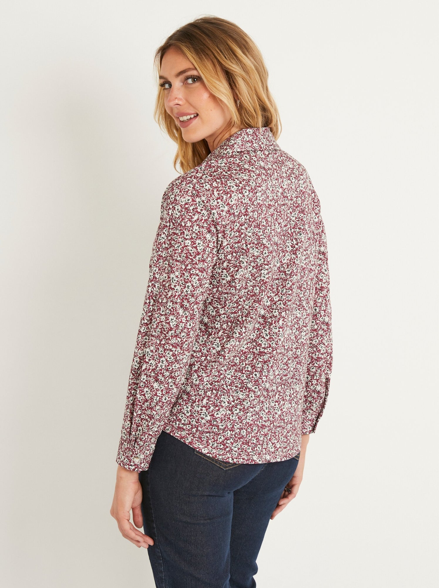 Chemisier droit coton fleuri boutonné - afibel - Bordeaux