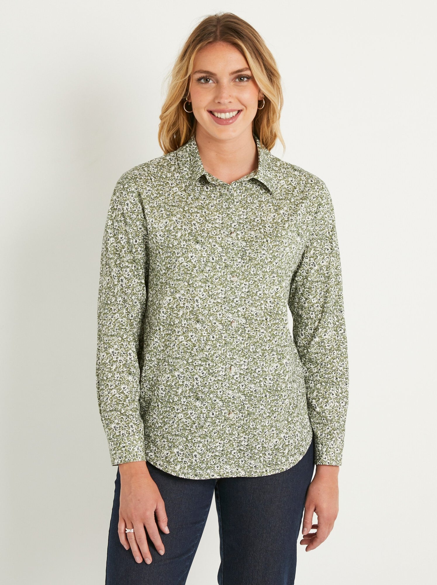 Chemisier droit coton fleuri boutonné - afibel - Vert