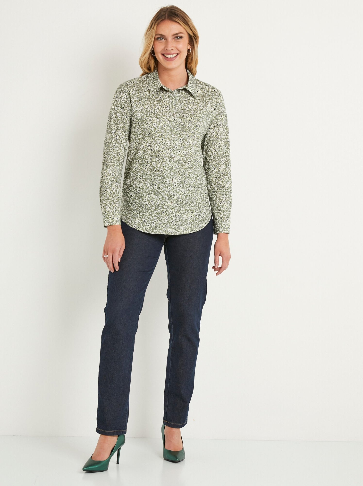 Chemisier droit coton fleuri boutonné - afibel - Vert