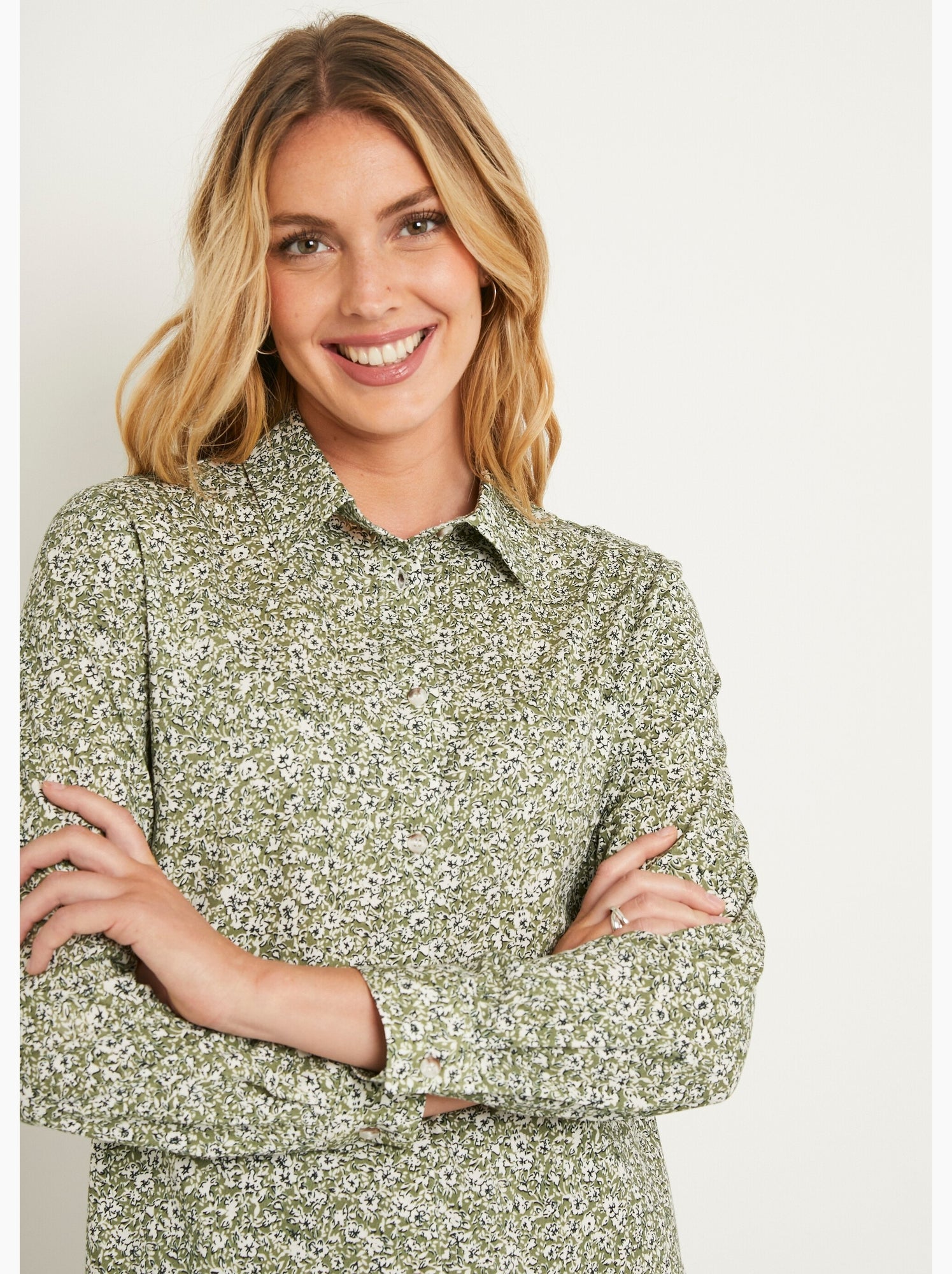 Chemisier droit coton fleuri boutonné - afibel - Vert
