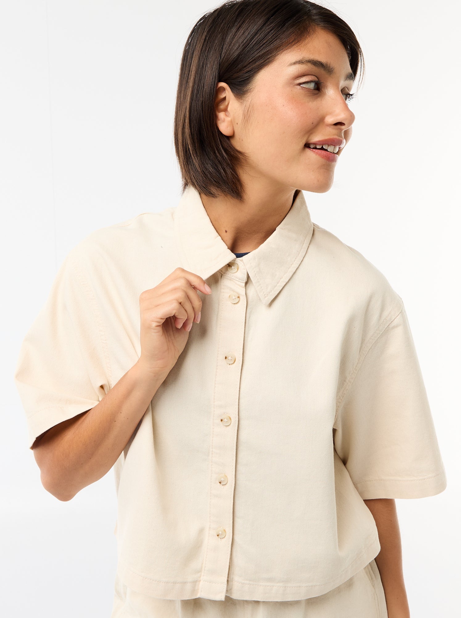 Chemisier en jean avec manches 3/4 - Blanc