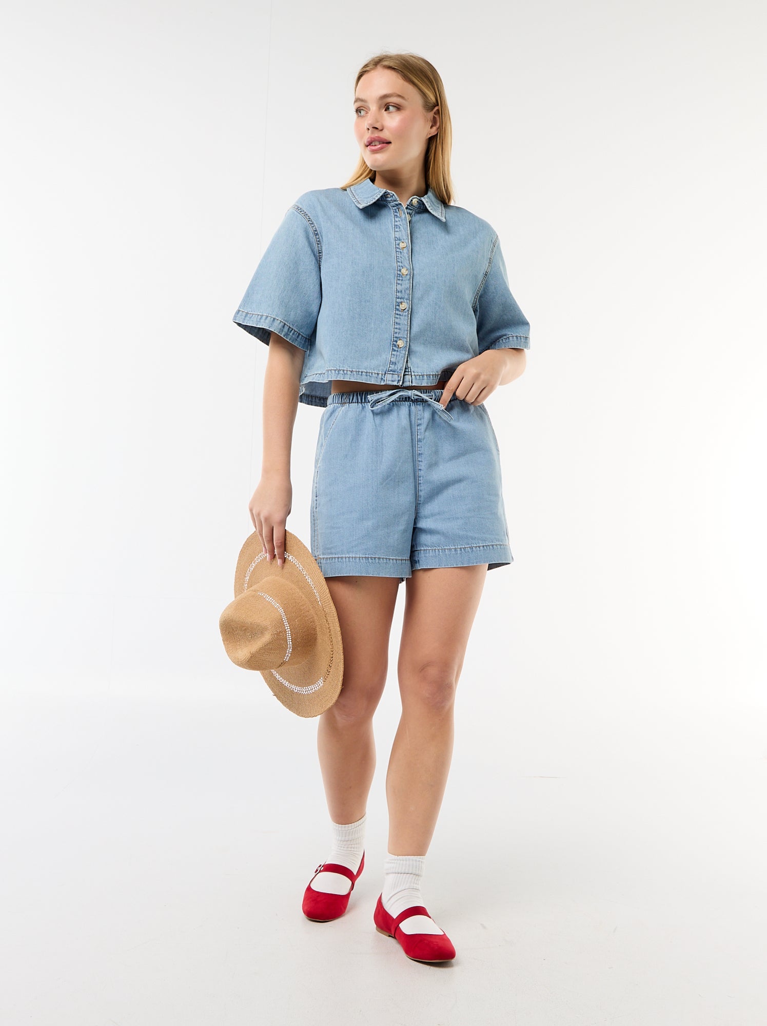 Chemisier en jean avec manches 3/4 - Bleu (FUK38_2)