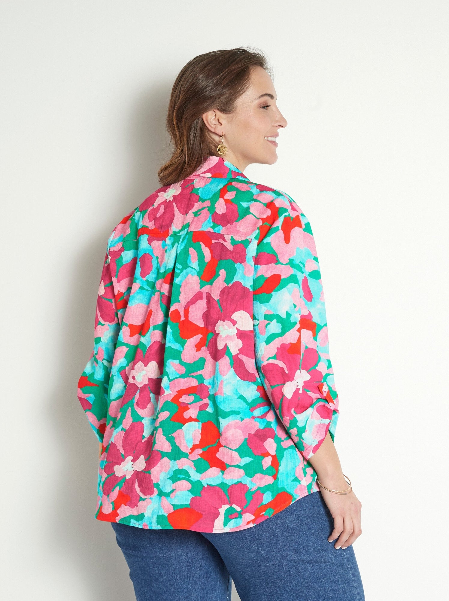 Chemisier long fleuri manches 3/4 retroussables - afibel - Bleu Rose