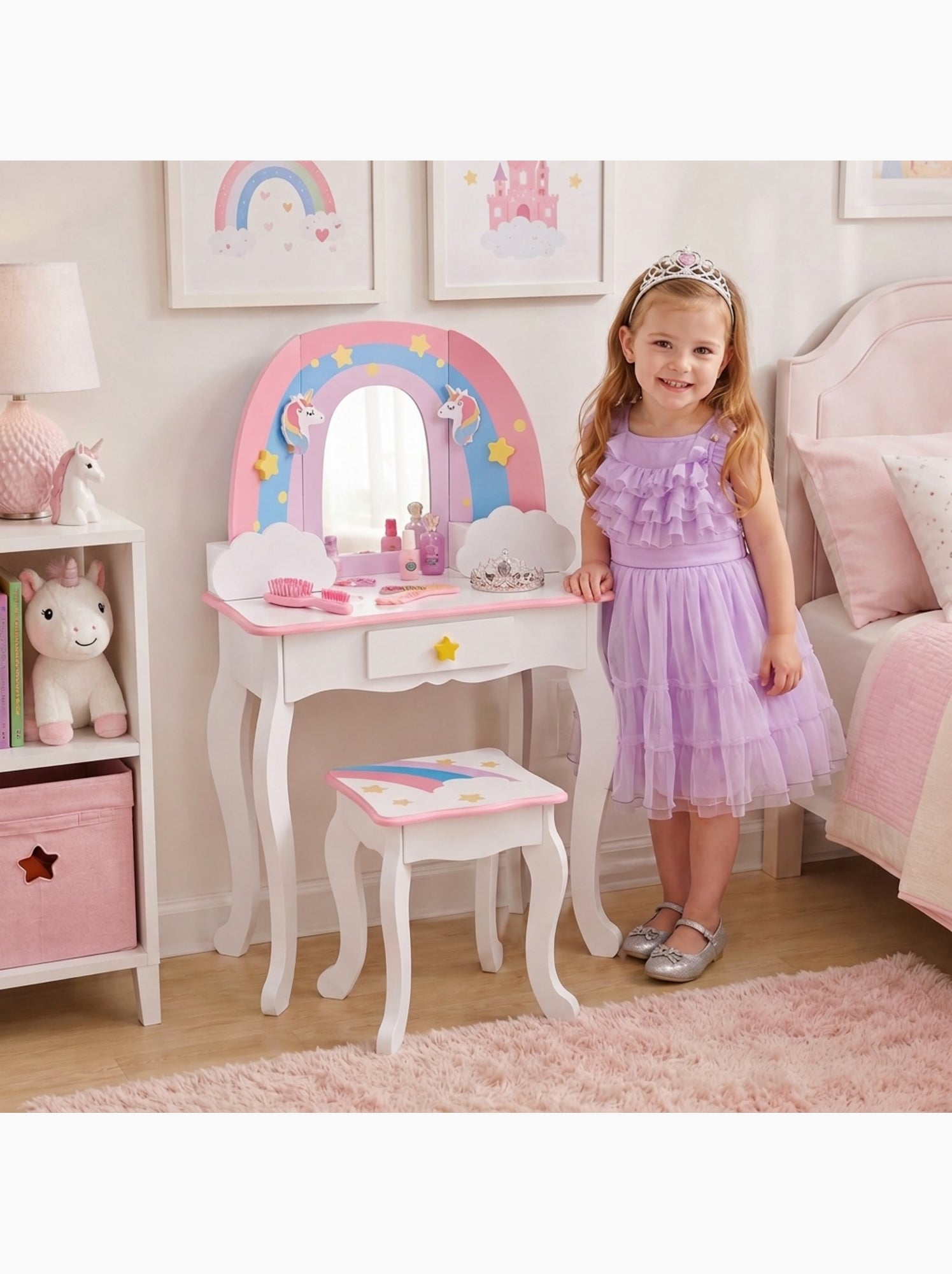 Coiffeuse enfant table de maquillage arc-en-ciel & licorne - Blanc