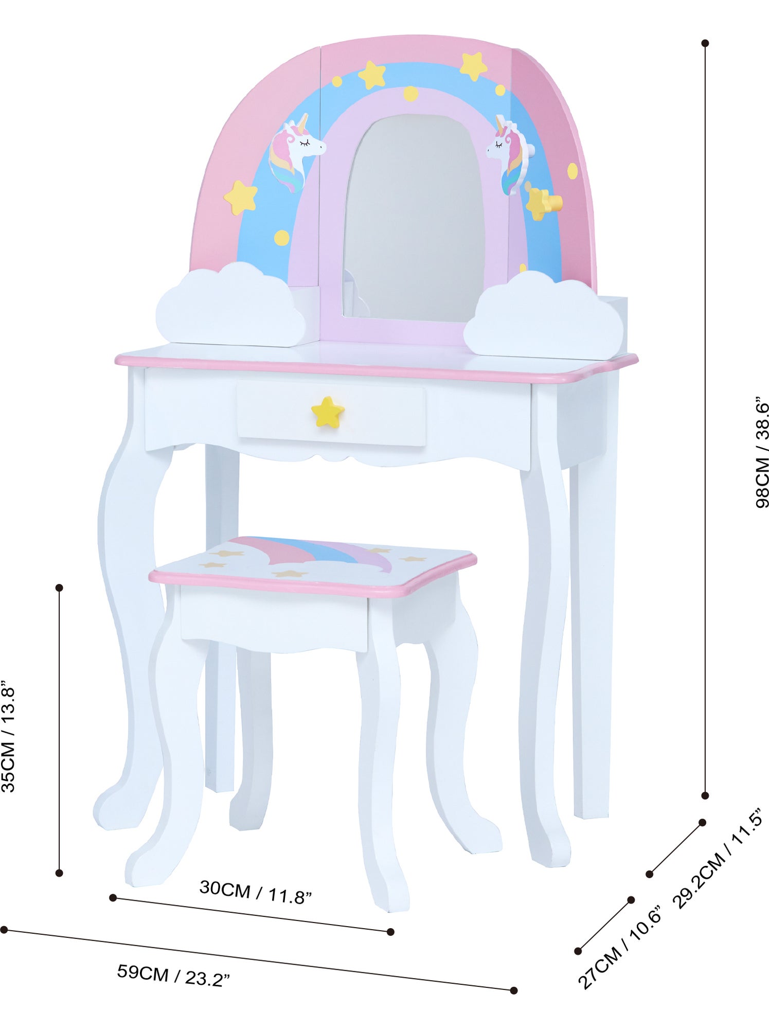 Coiffeuse enfant table de maquillage arc-en-ciel & licorne - Blanc