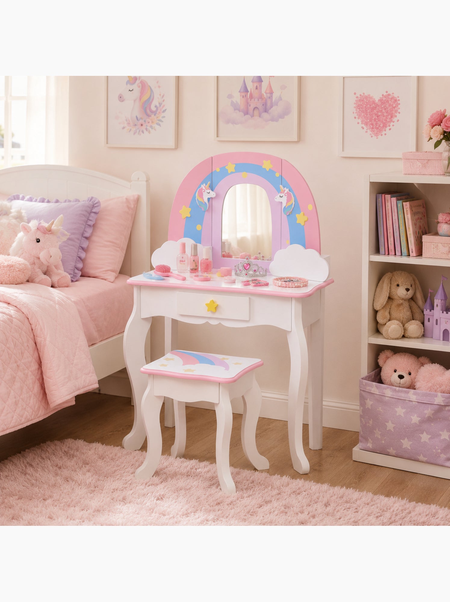 Coiffeuse enfant table de maquillage arc-en-ciel & licorne - Blanc