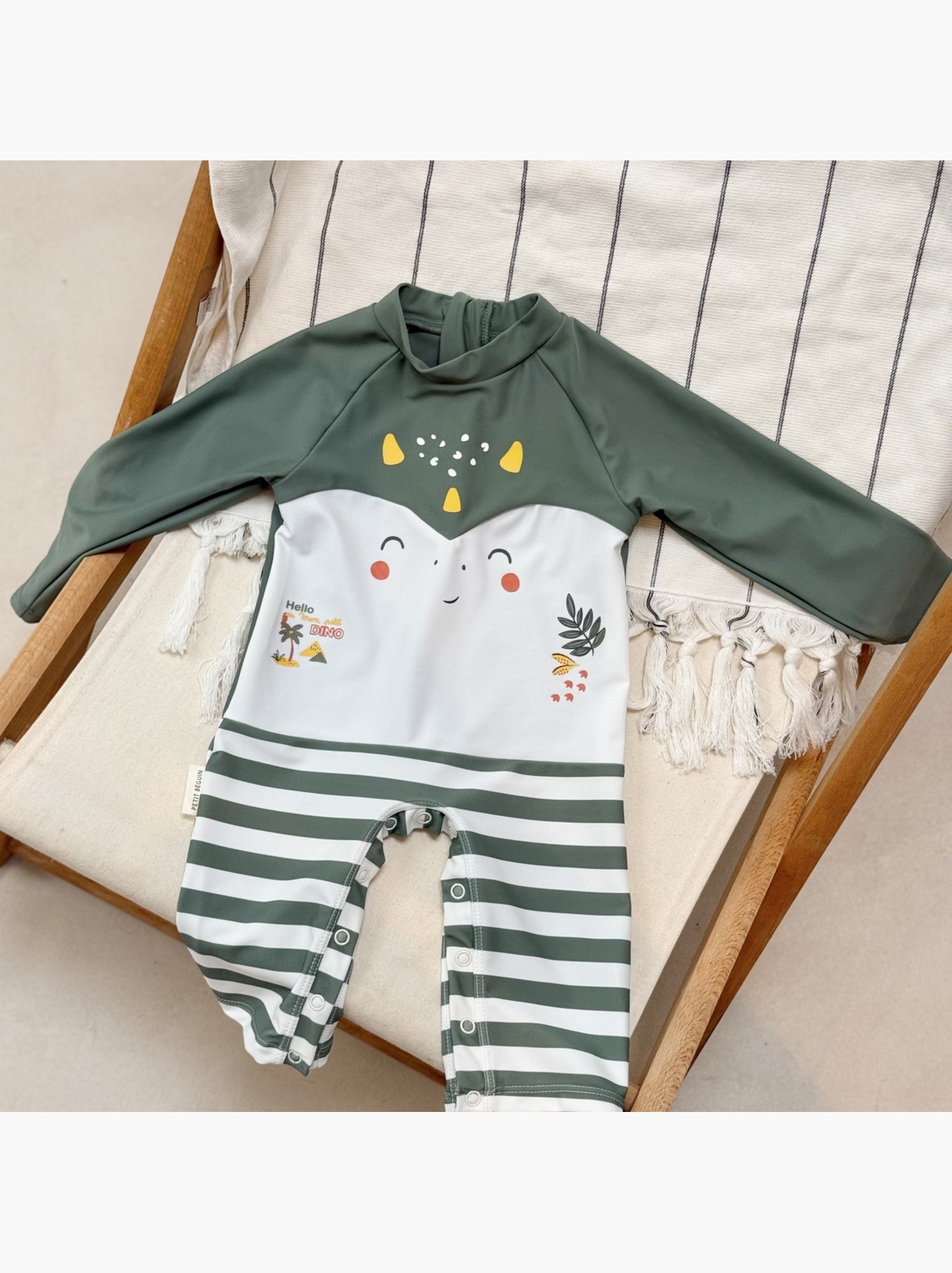 Combinaison de bain bébé manches longues protection uv hello dino - Kaki
