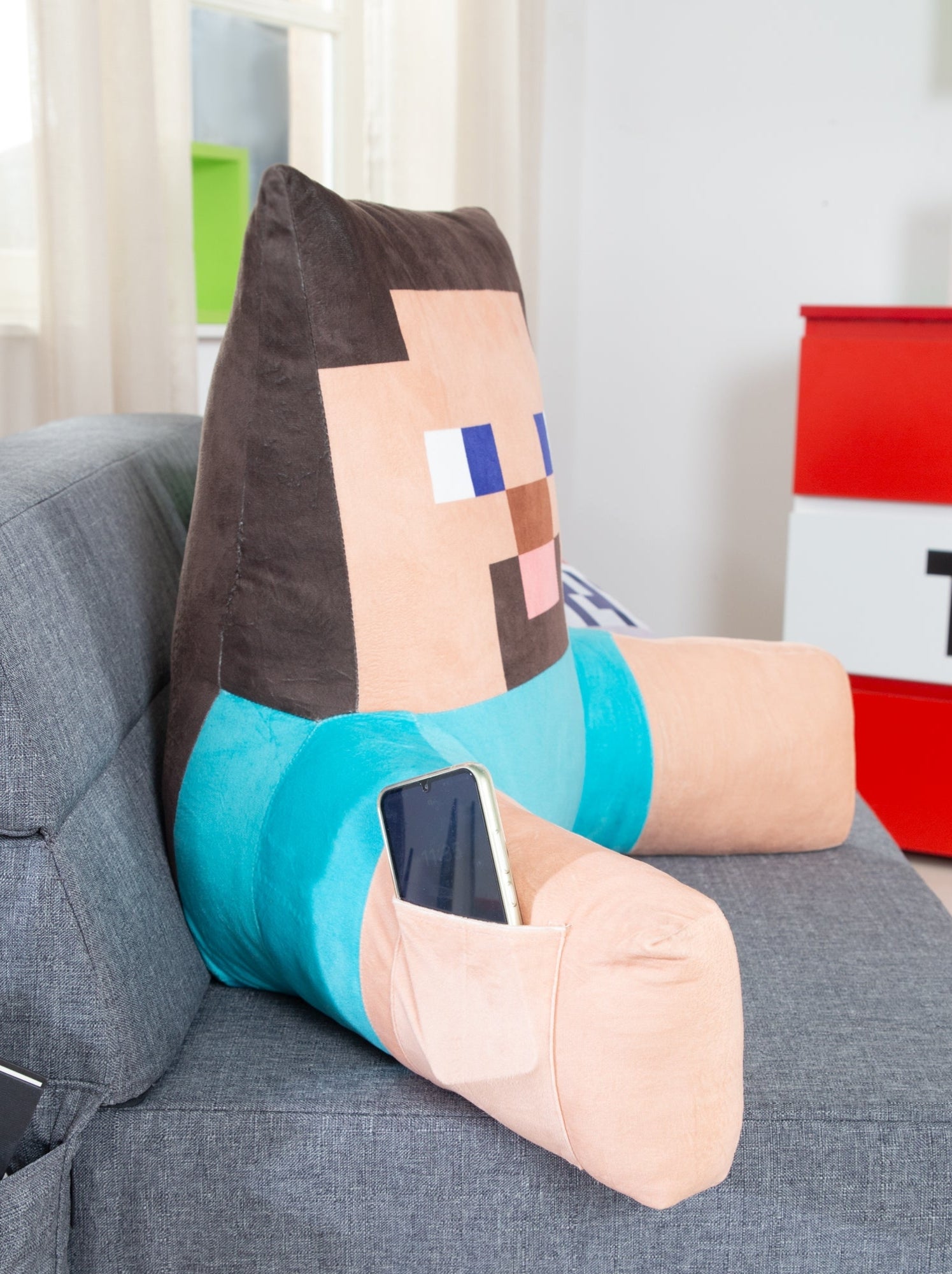 Coussin de lecture Alex avec dossier haut et accoudoirs 'Roba' - Minecraft - Bleu Beige