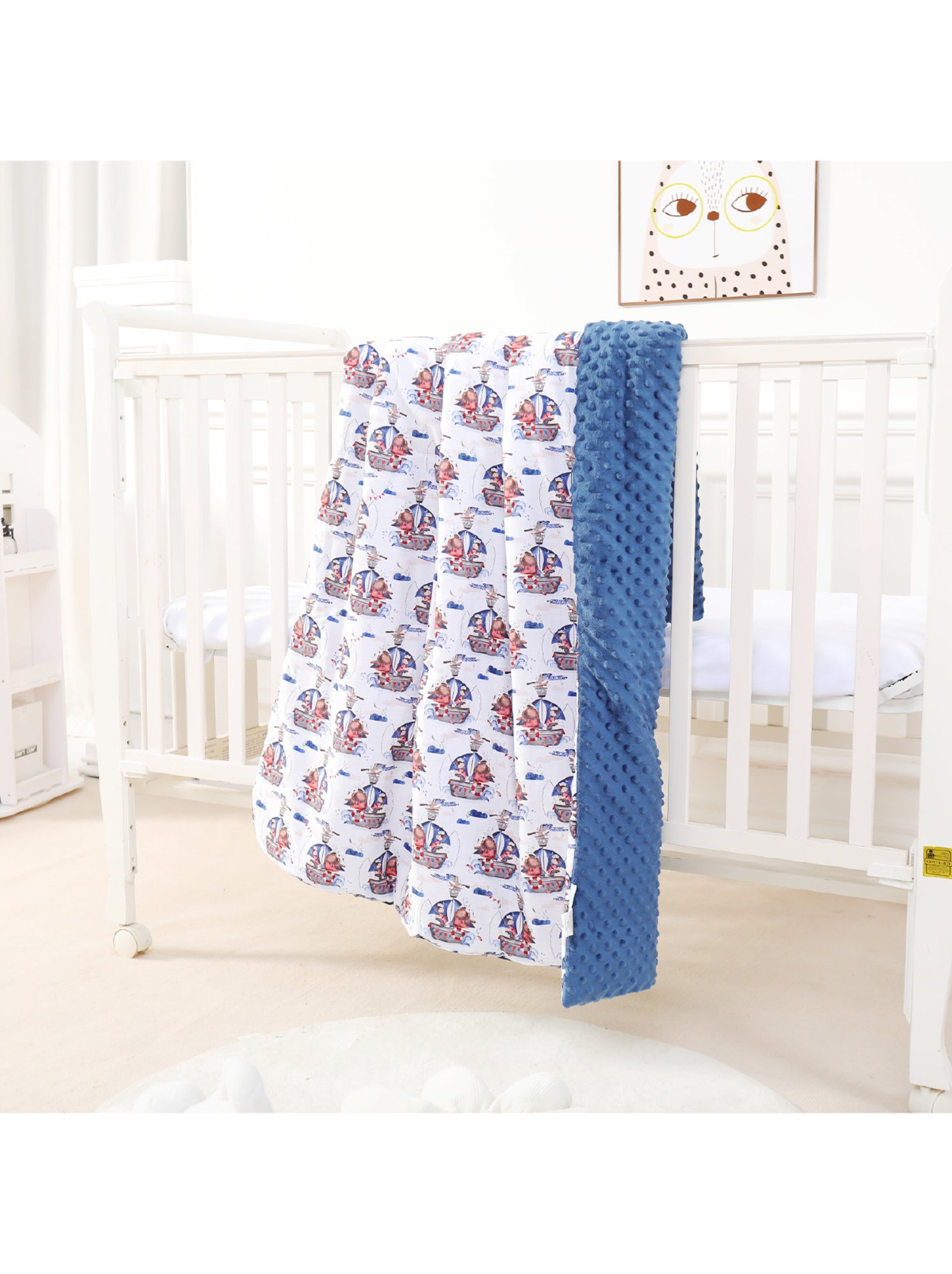 Couverture enfant en Coton Oeko-tex et Minky | SUPERBE BEBE - Blanc Bleu