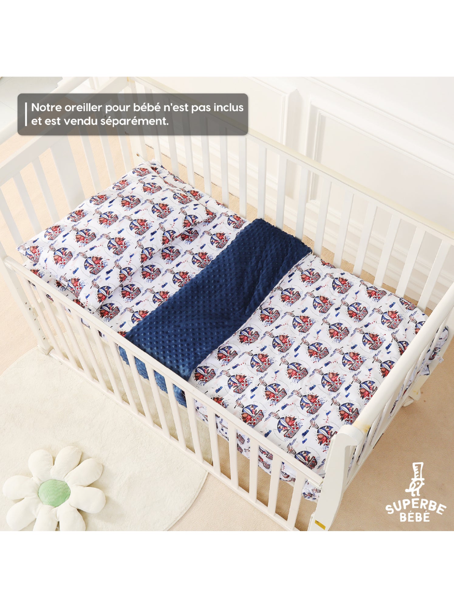 Couverture enfant en Coton Oeko-tex et Minky | SUPERBE BEBE - Blanc Bleu