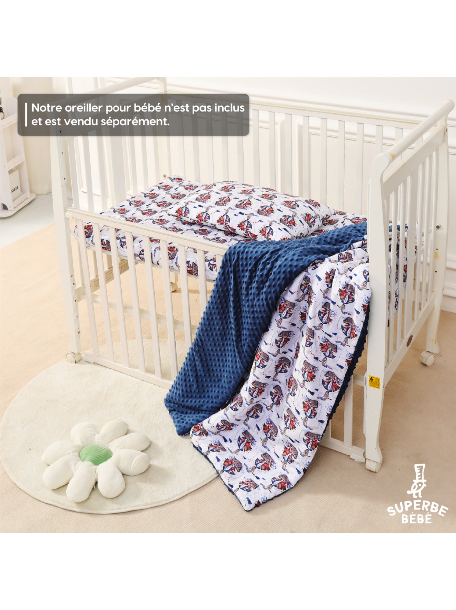 Couverture enfant en Coton Oeko-tex et Minky | SUPERBE BEBE - Blanc Bleu