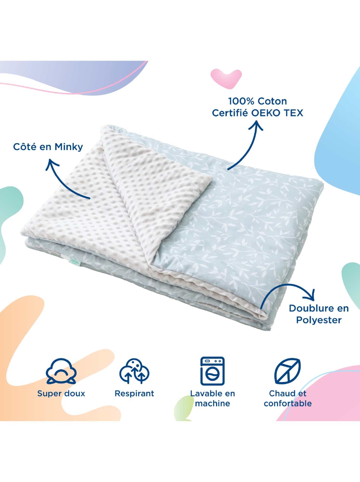 Couverture enfant en Coton Oeko-tex et Minky | SUPERBE BEBE - Blanc Vert