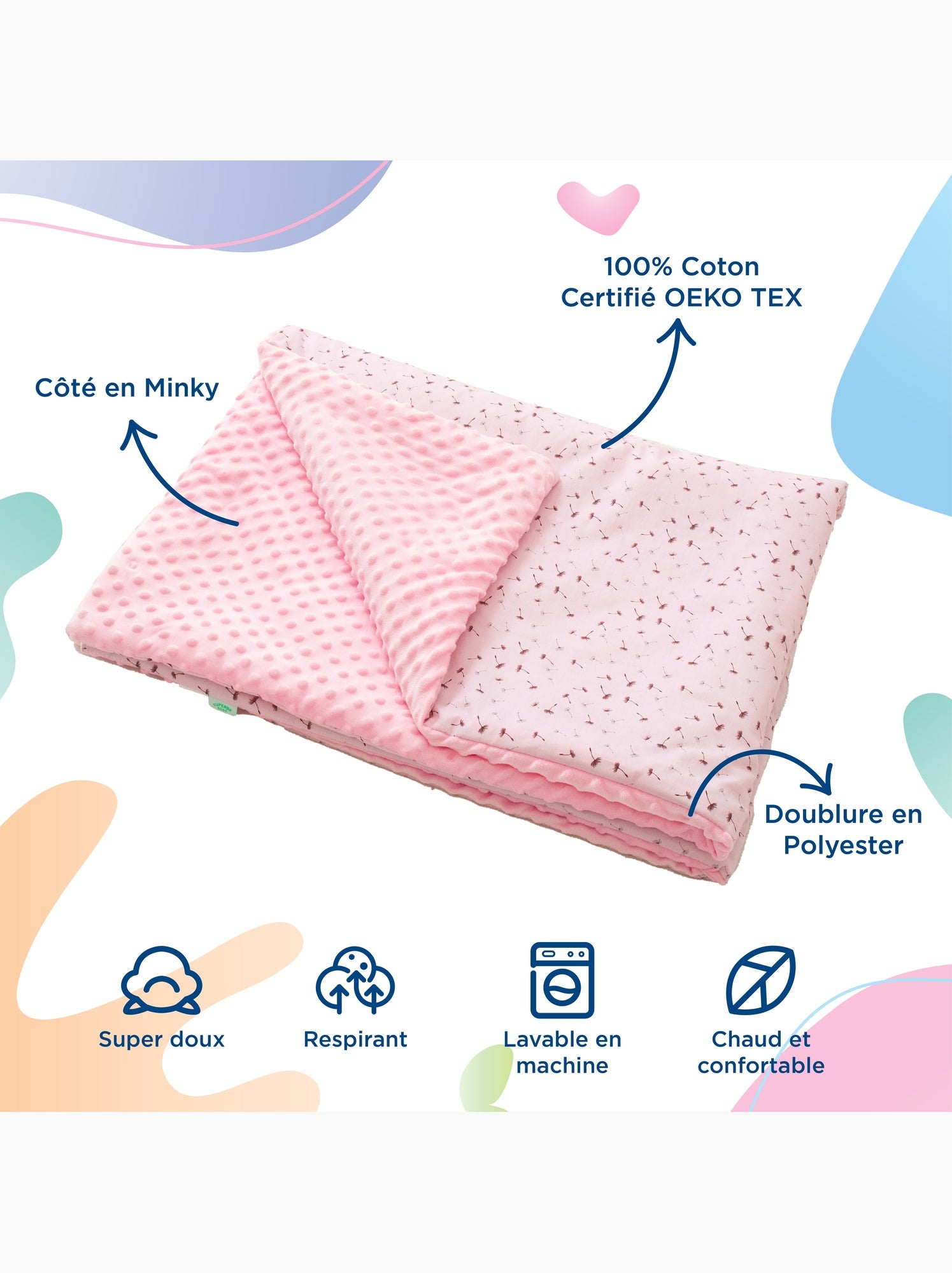Couverture enfant en Coton Oeko-tex et Minky | SUPERBE BEBE - Rose