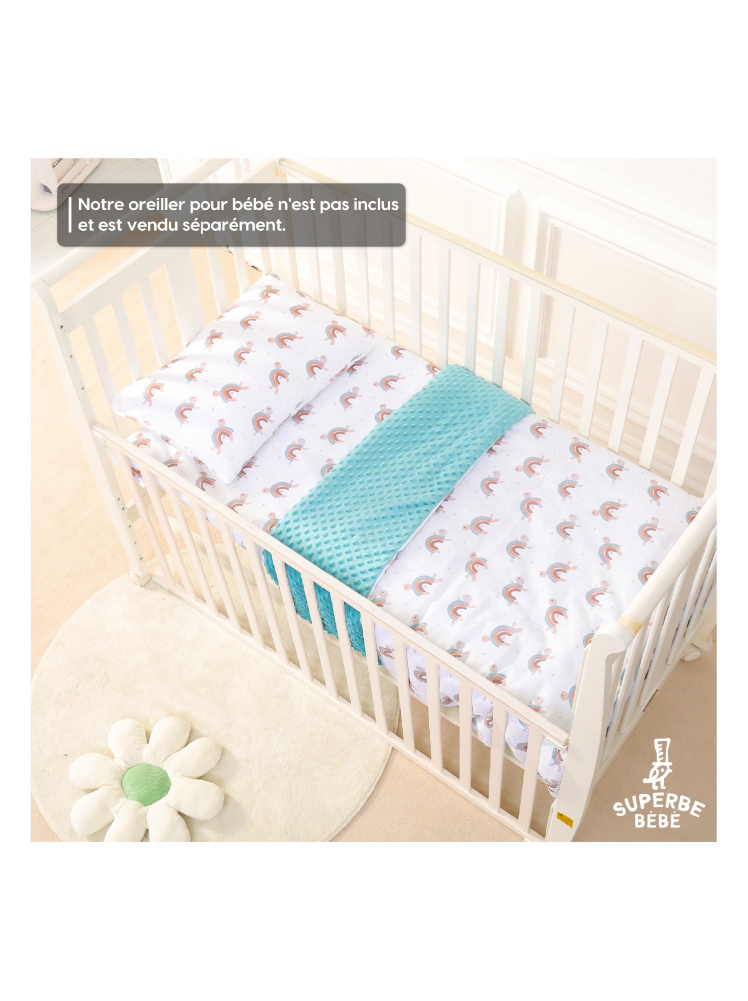 Couverture enfant en Coton Oeko-tex et Minky | SUPERBE BEBE - Vert d'eau