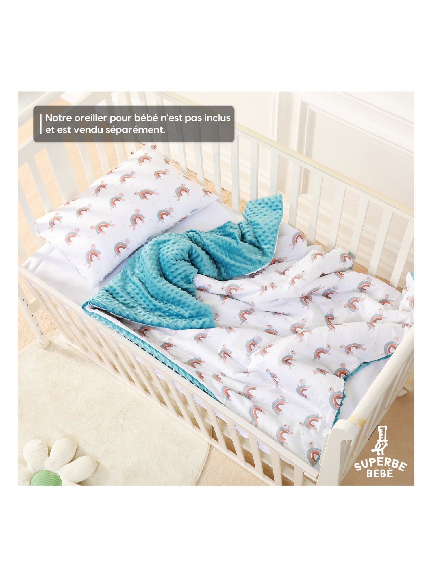 Couverture enfant en Coton Oeko-tex et Minky | SUPERBE BEBE - Vert d'eau