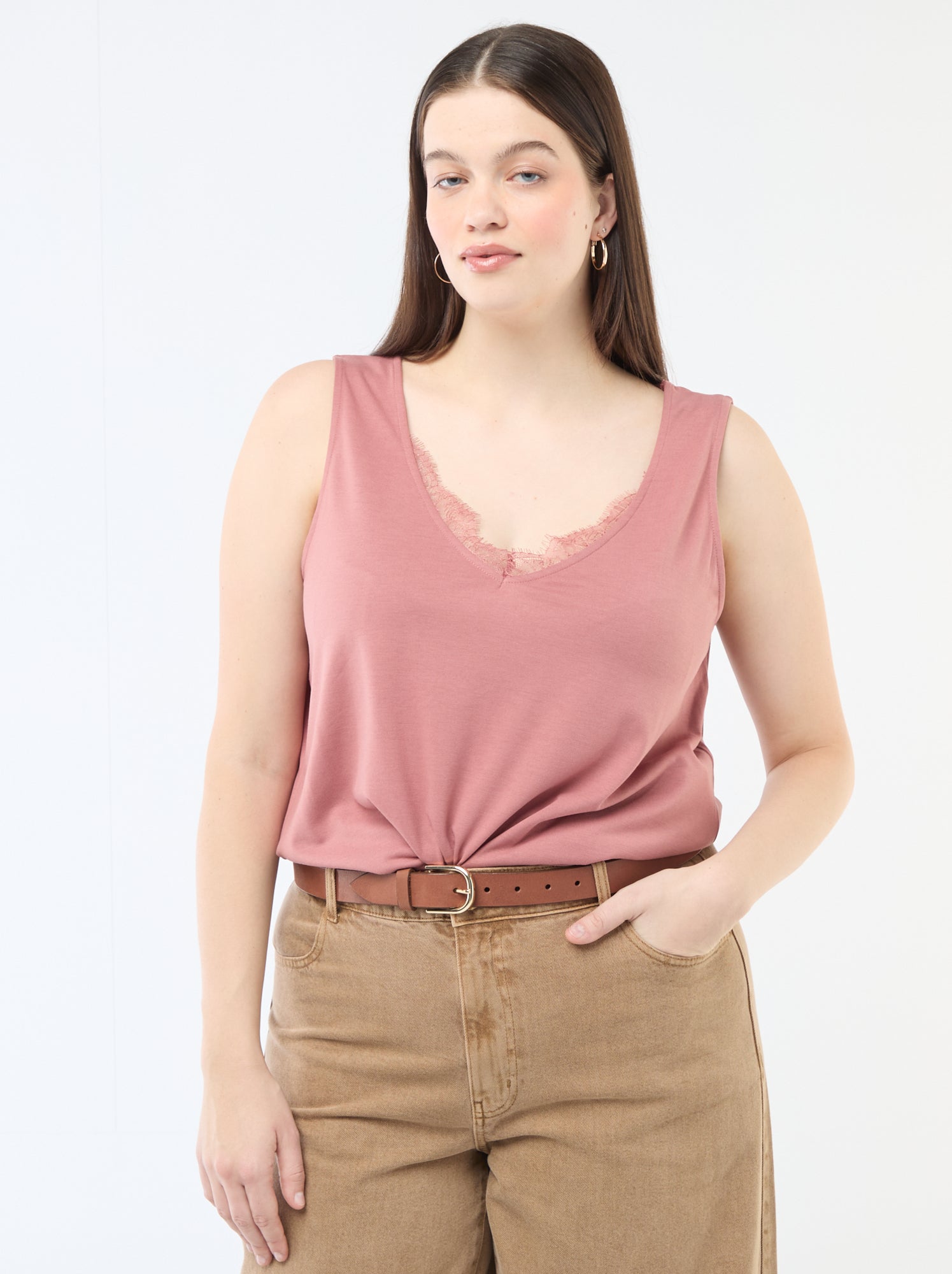 Débardeur col V avec dentelle - Rose