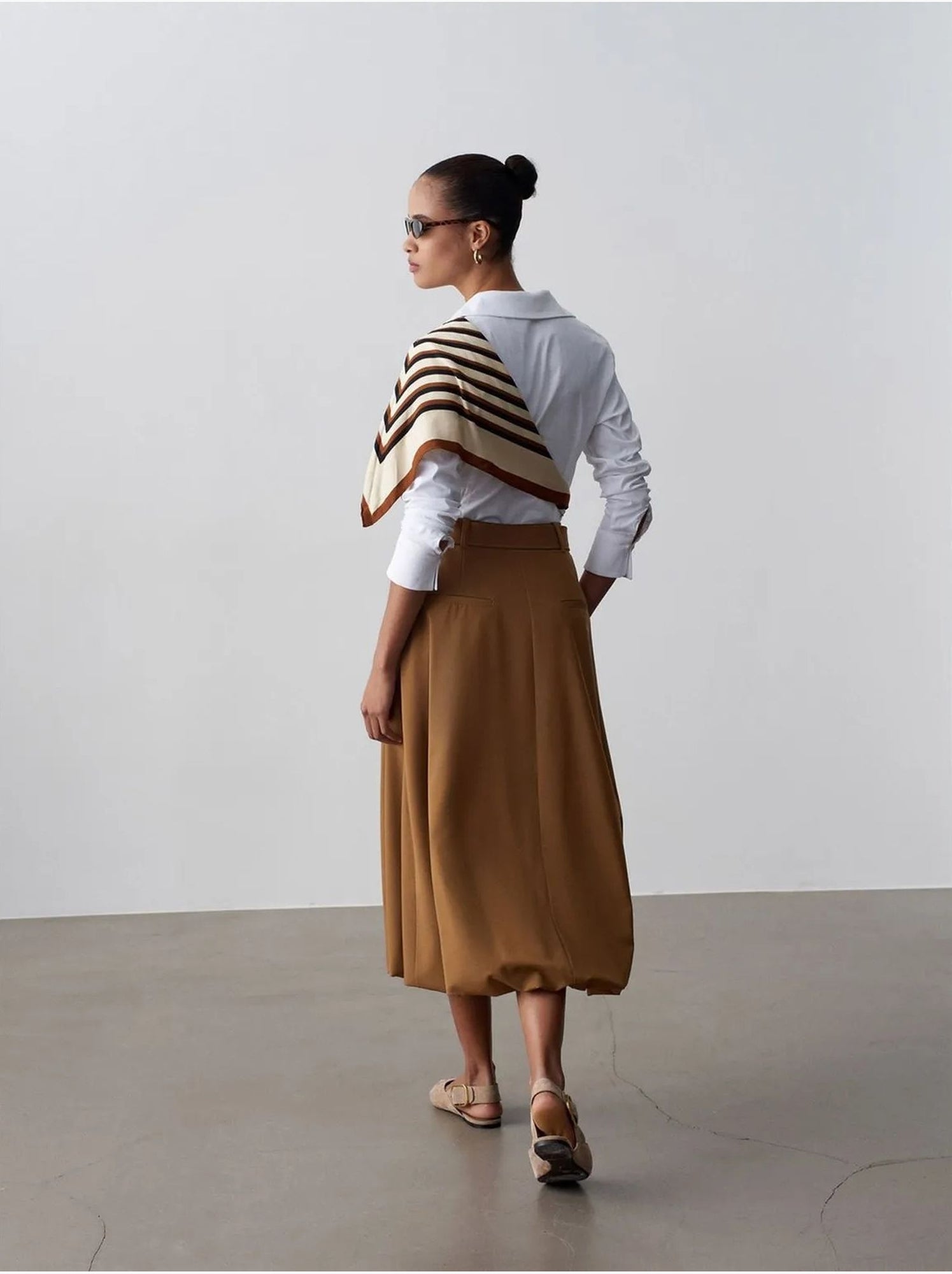 DILVIN Jupe Midi Ballon Taille Haute Avec Ceinture - Camel